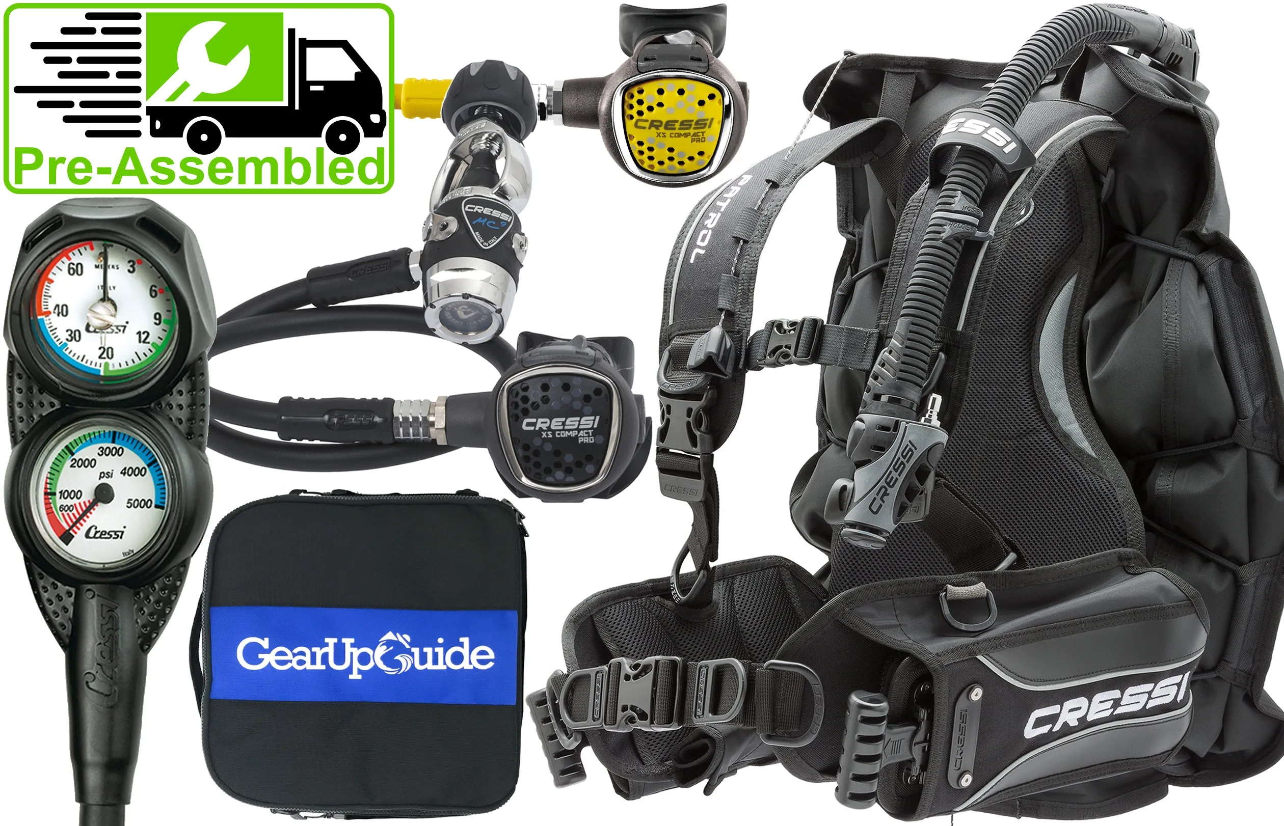 Cressi Patrol BCD Scuba Diving Gear w/ MC9 Compact Pro, Compact Pro Octo, Leonardo C2 Console & GupG Regulator Bag