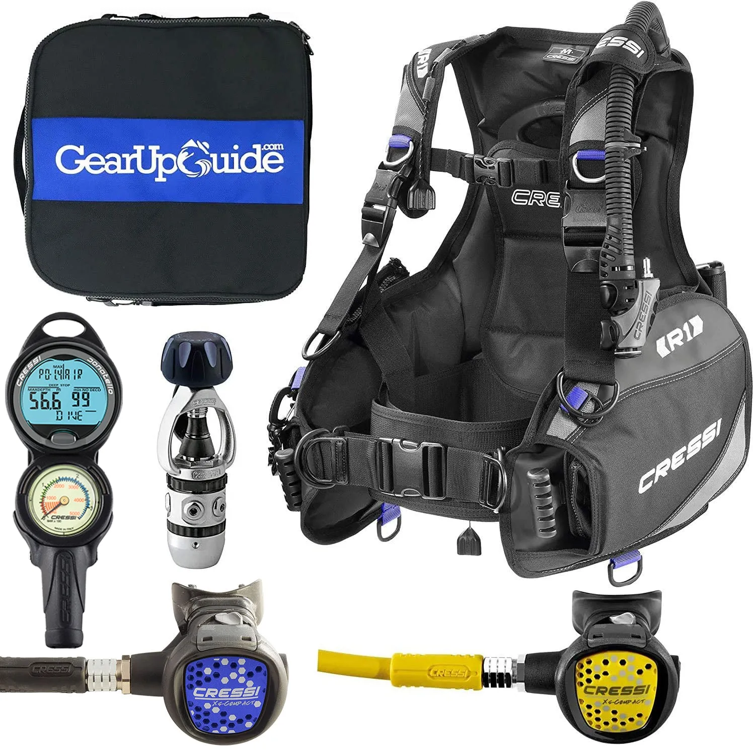 Cressi R1 BCD Donatello Console 2 Dive Computer AC2 Compact Regulator Set GupG Reg Bag Scuba Diving Package