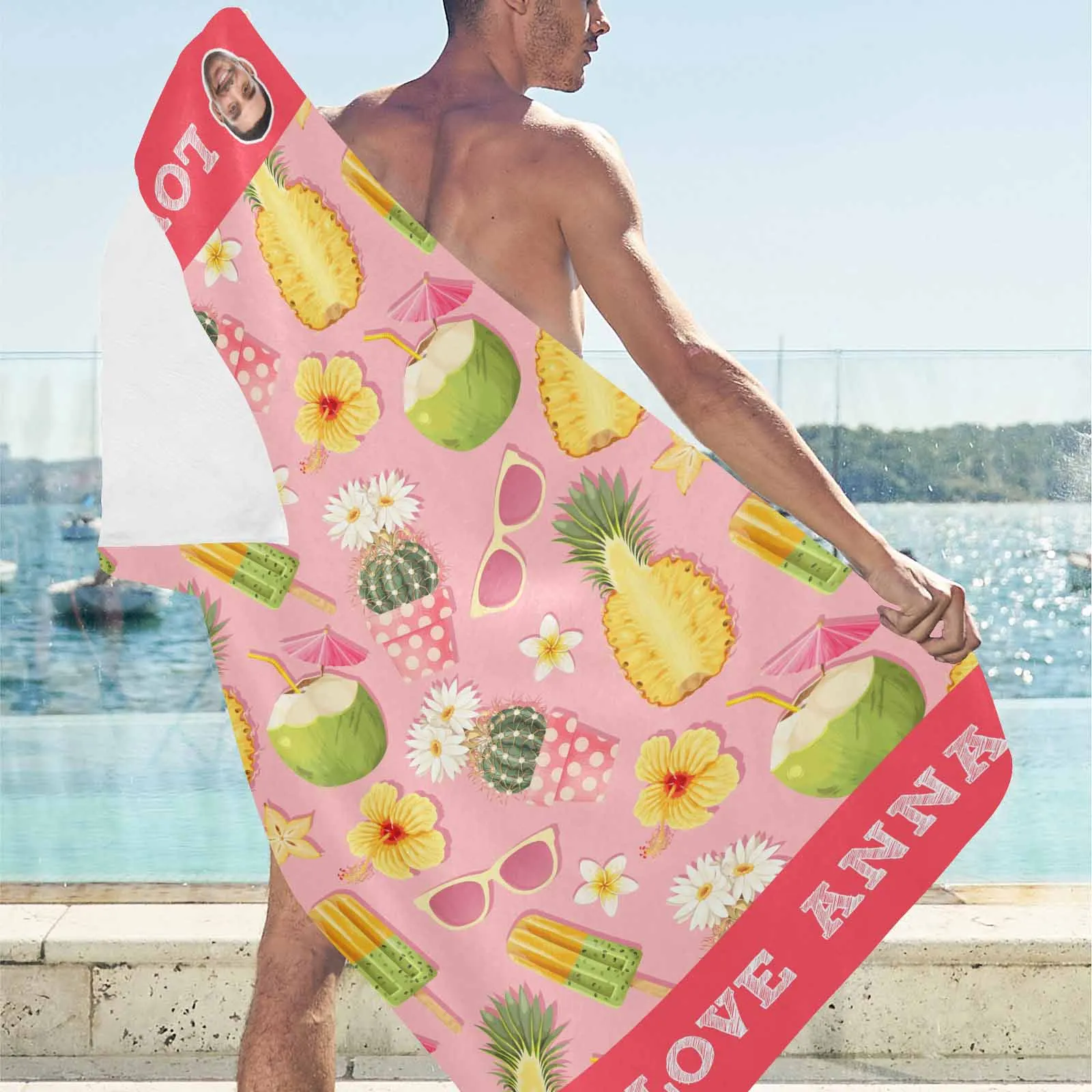 Custom Face & Name Fruits Flowers Beach Towel Quick-Dry, Sand-Free, Super Absorbent, Non-Fading, Beach&Bath Towel Beach Blanket Personalized Beach Towel Funny Selfie Gift