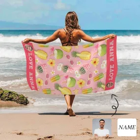 Custom Face & Name Fruits Flowers Beach Towel Quick-Dry, Sand-Free, Super Absorbent, Non-Fading, Beach&Bath Towel Beach Blanket Personalized Beach Towel Funny Selfie Gift