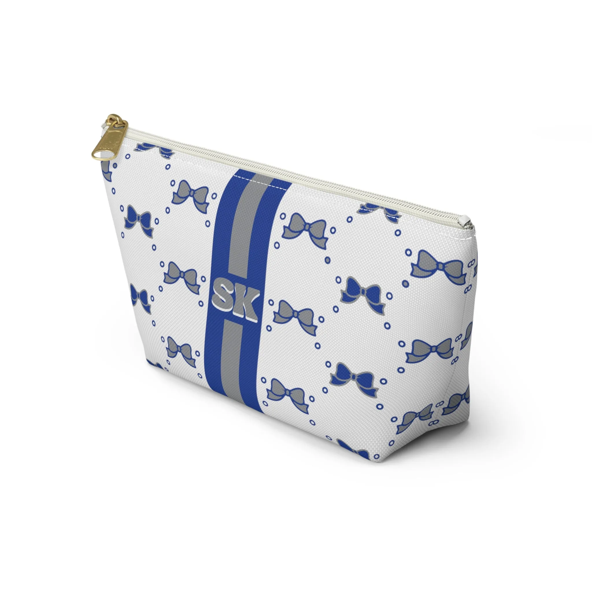 Custom Initial Personalized Bow Makeup Bag - Custom Initial, Makeup Bag, Blue and Grey, Buffalo Bulls, Personalized, Bow Aesthetic