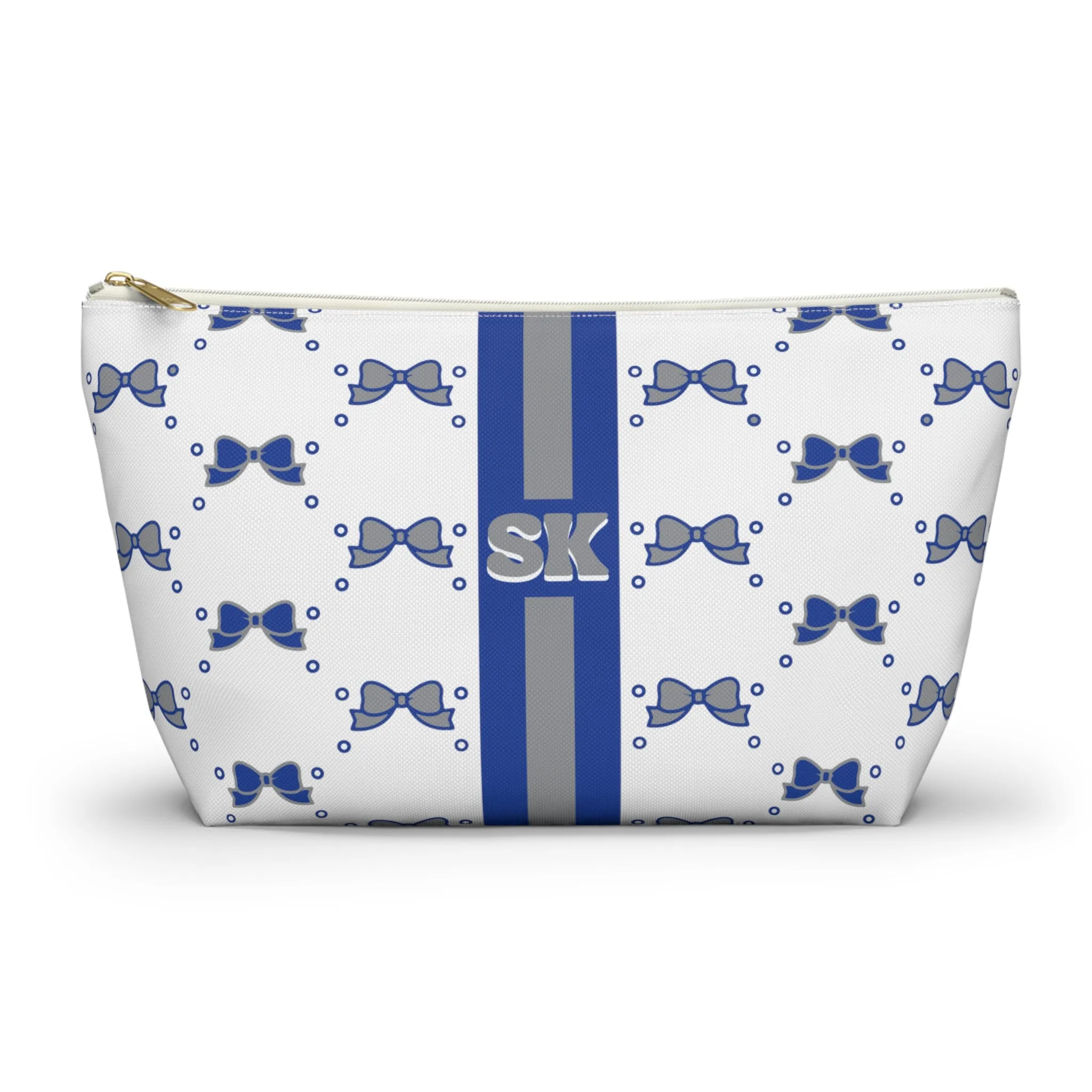 Custom Initial Personalized Bow Makeup Bag - Custom Initial, Makeup Bag, Blue and Grey, Buffalo Bulls, Personalized, Bow Aesthetic