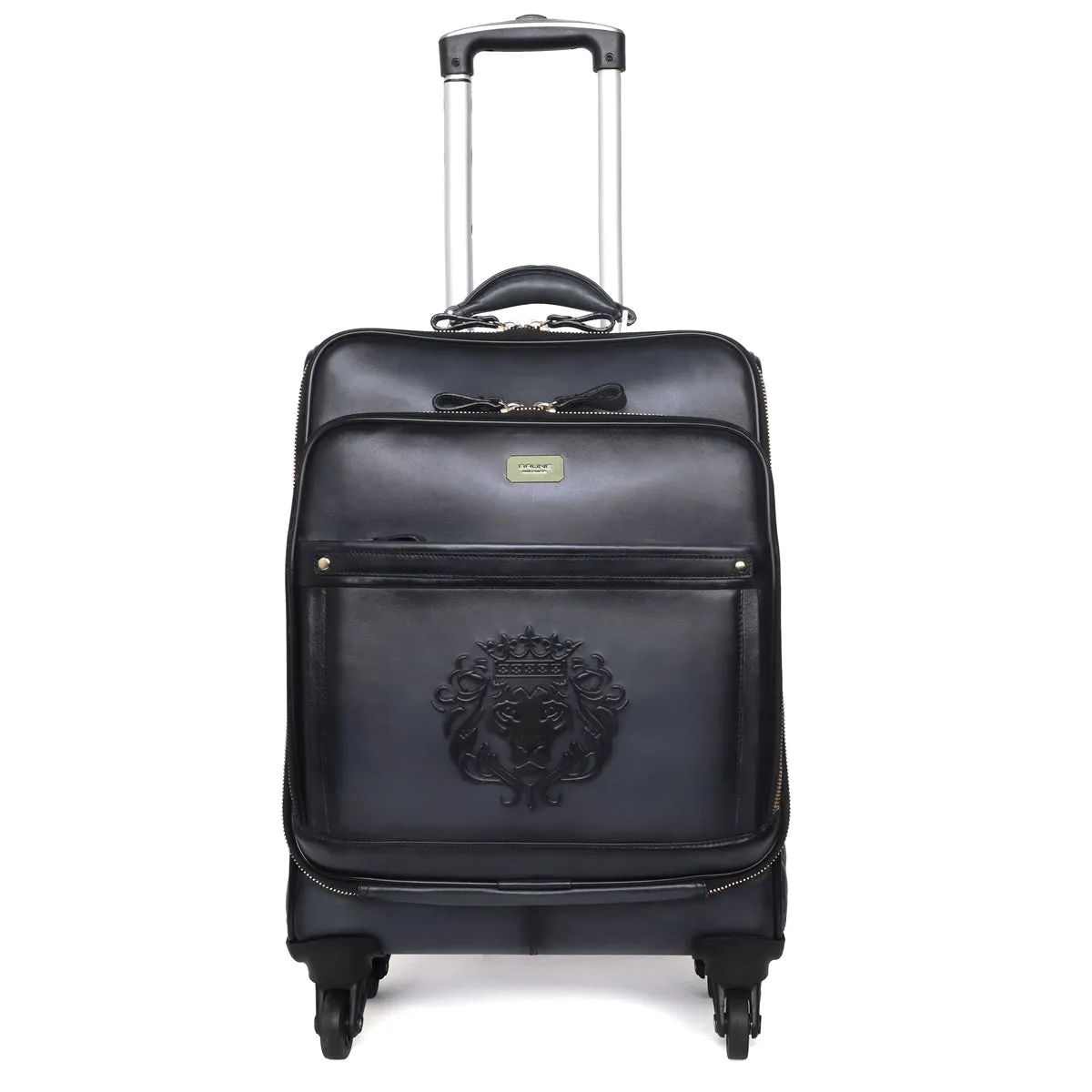 Diamond Stitched Grey Leather Quad Wheel Trolley Bag With Embossed Lion Logo by Brune & Bareskin