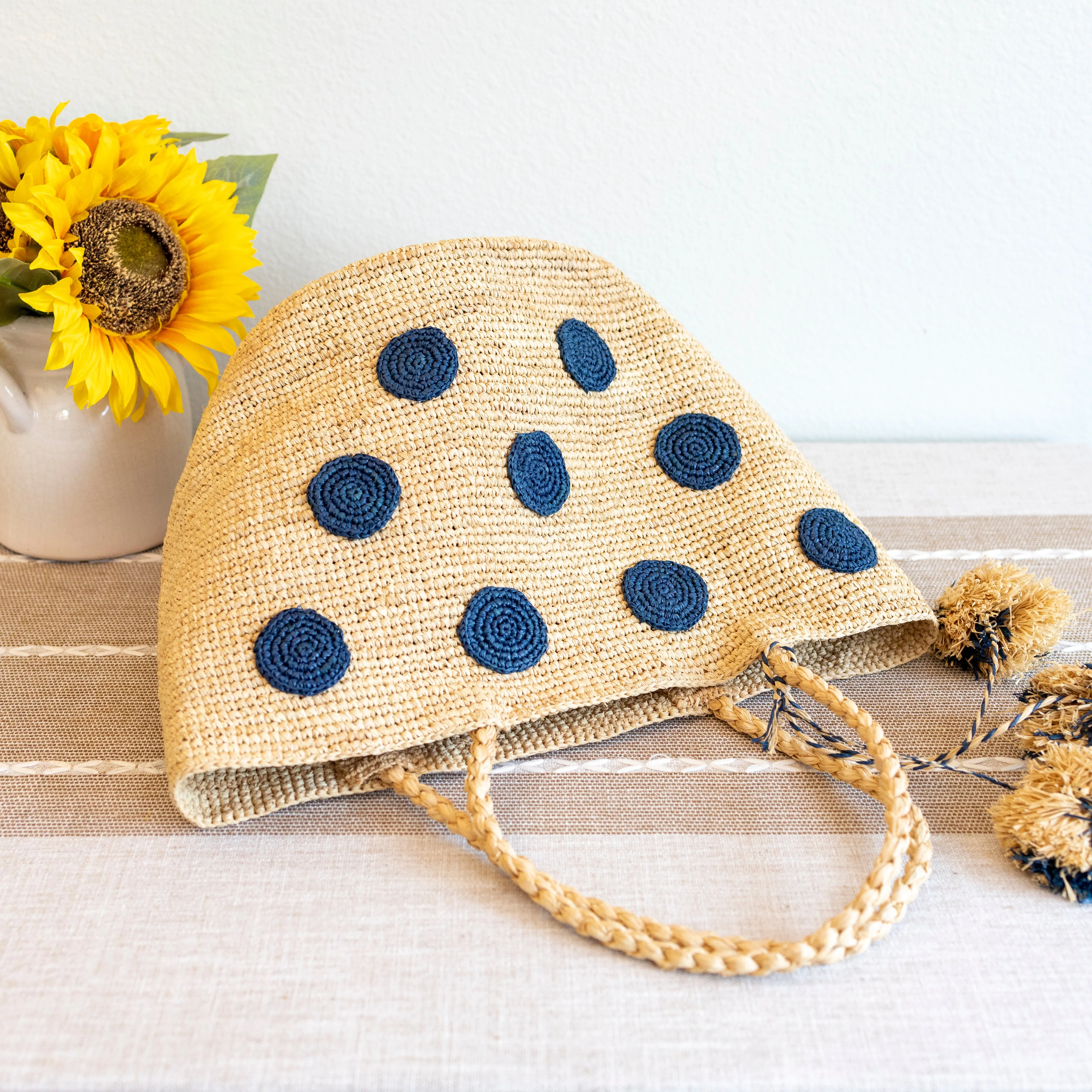 Elena Handbags Natural Raffia Polka Dot Summer Beach Shoulder Tote