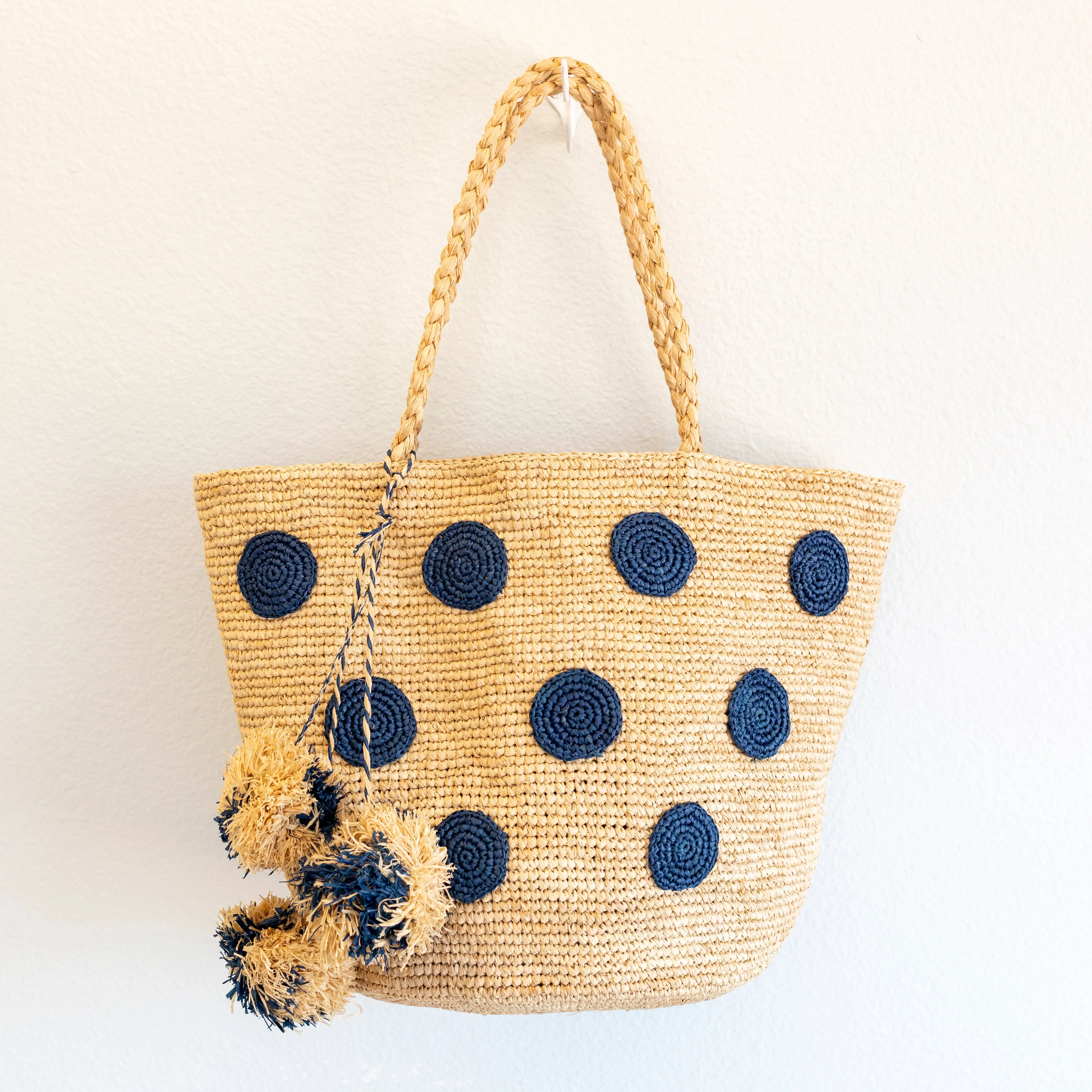 Elena Handbags Natural Raffia Polka Dot Summer Beach Shoulder Tote