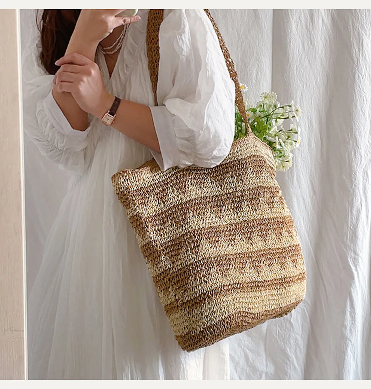 Elena Handbags Patterned Straw Woven Tote Shoulder Bag