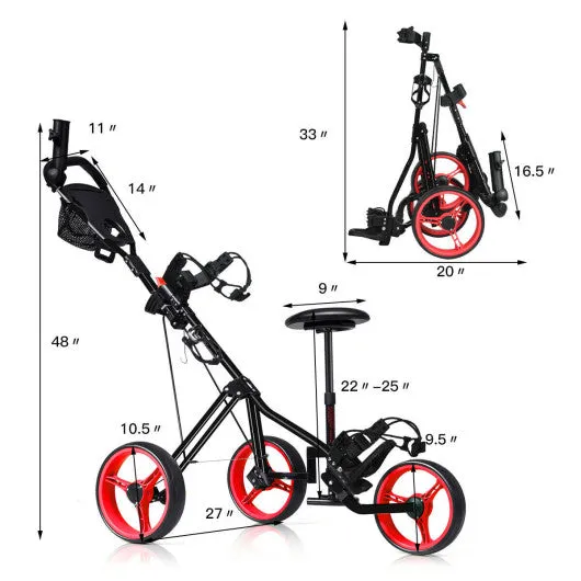 Foldable 3 Wheels Push Pull Golf Trolley with Scoreboard Bag-Red