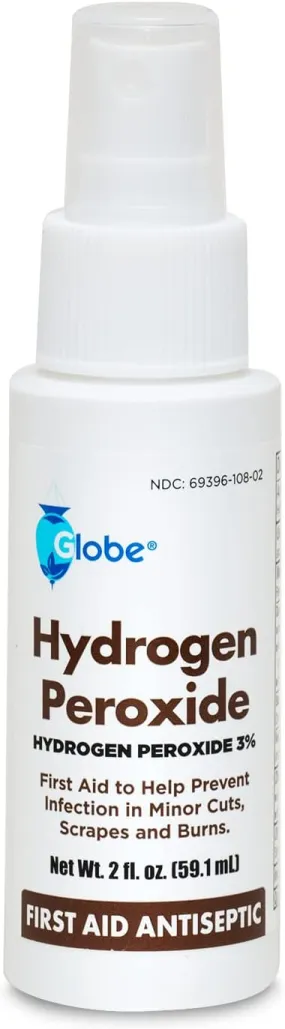 Globe Hydrogen Peroxide 3% First Aid Antiseptic Topical Solution USP Spray Bottle, 2 Fl. Oz Convenient Pump Spray Bottle