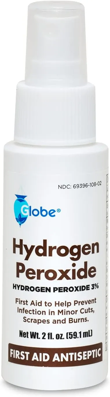 Globe Hydrogen Peroxide 3% First Aid Antiseptic Topical Solution USP Spray Bottle, 2 Fl. Oz Convenient Pump Spray Bottle