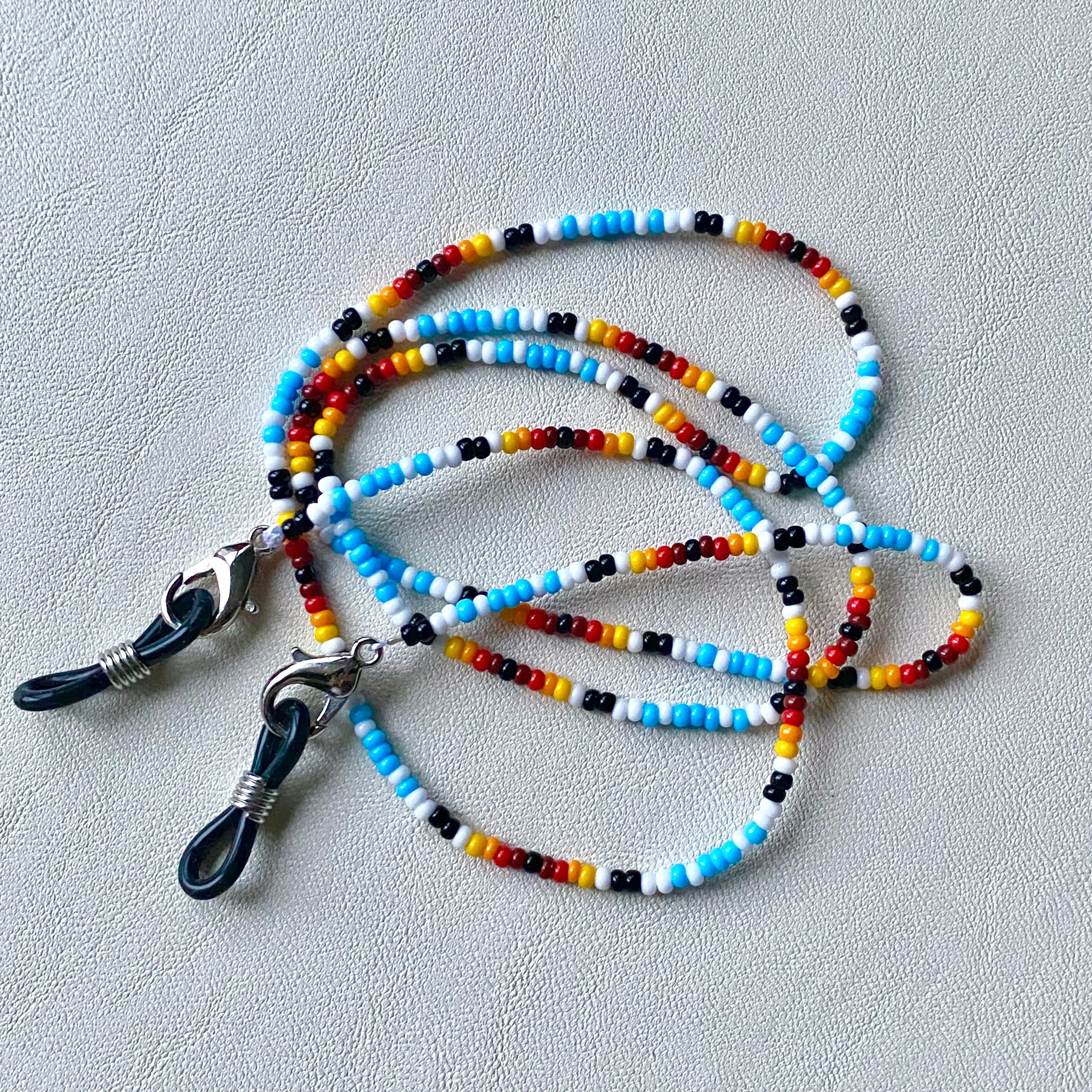 Handmade Blue Red Seed Bead Glasses Chain, Indigenous Glasses chain Native inspired, Hippie Boho Glasses chain, Teacher Lanyard, Eyeglasses holder, Sunglasses Strap, Glasses Cord