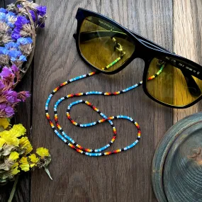 Handmade Blue Red Seed Bead Glasses Chain, Indigenous Glasses chain Native inspired, Hippie Boho Glasses chain, Teacher Lanyard, Eyeglasses holder, Sunglasses Strap, Glasses Cord