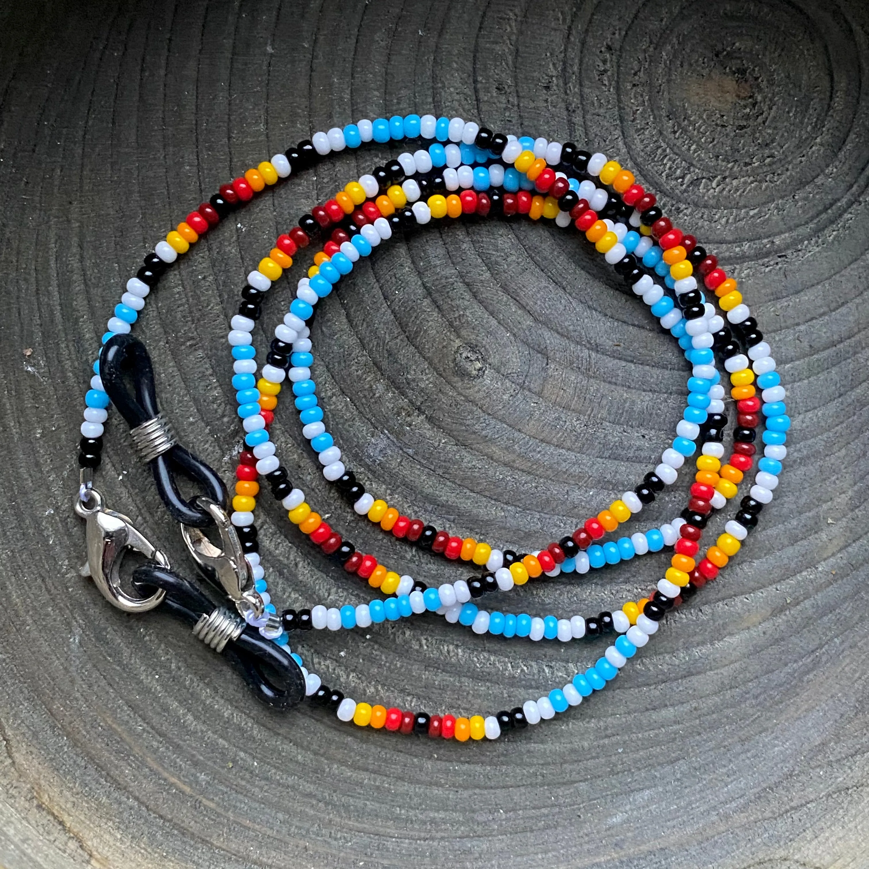 Handmade Blue Red Seed Bead Glasses Chain, Indigenous Glasses chain Native inspired, Hippie Boho Glasses chain, Teacher Lanyard, Eyeglasses holder, Sunglasses Strap, Glasses Cord