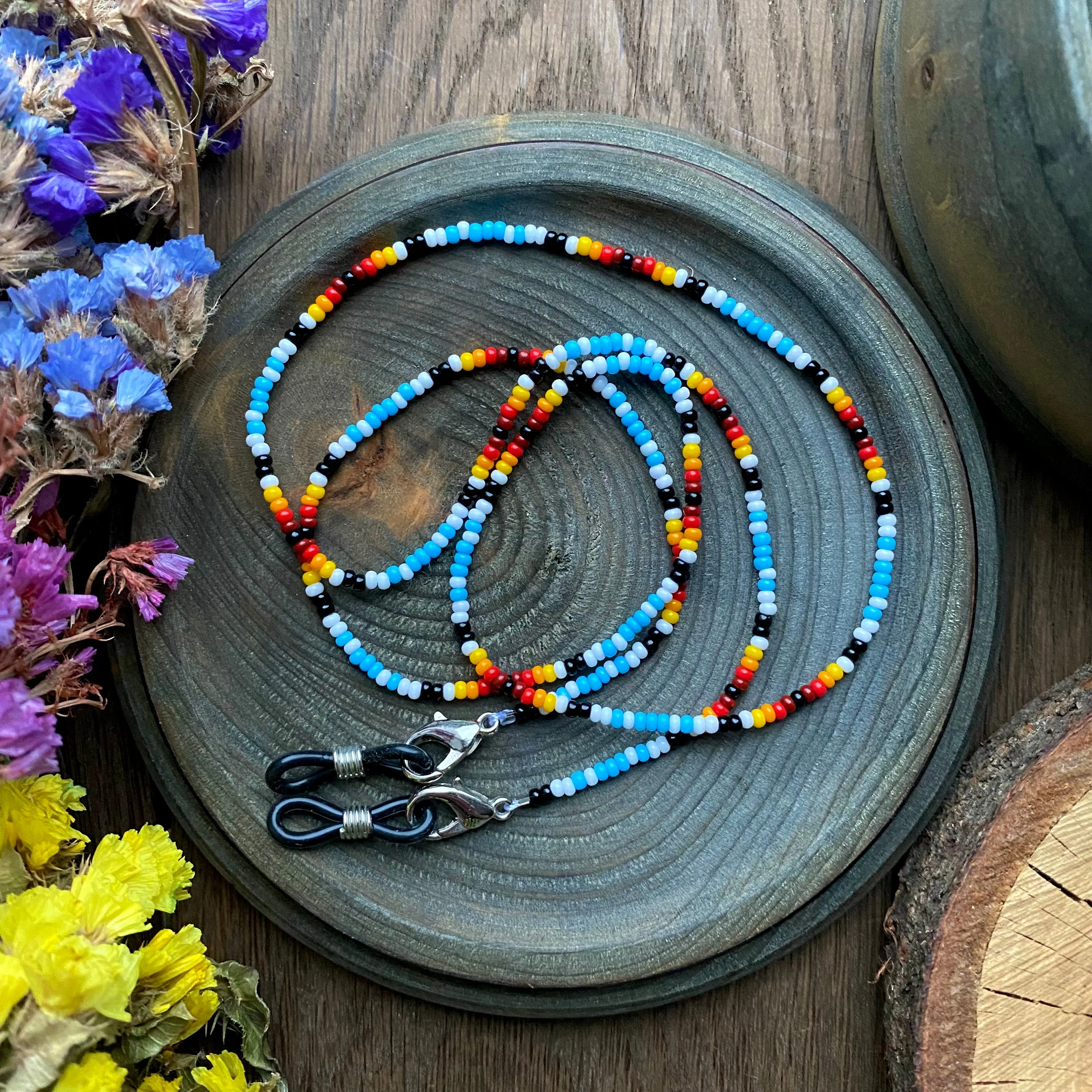 Handmade Blue Red Seed Bead Glasses Chain, Indigenous Glasses chain Native inspired, Hippie Boho Glasses chain, Teacher Lanyard, Eyeglasses holder, Sunglasses Strap, Glasses Cord