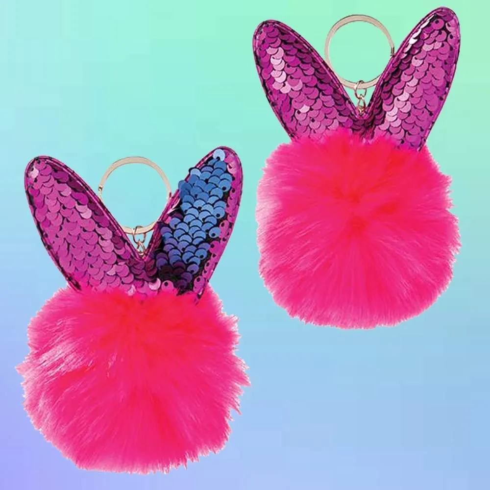 Kicko Pom Pom Bunny Keychain - Set of 12 3.75 Inch Soft Bunny Ears Key Chain in Assorted