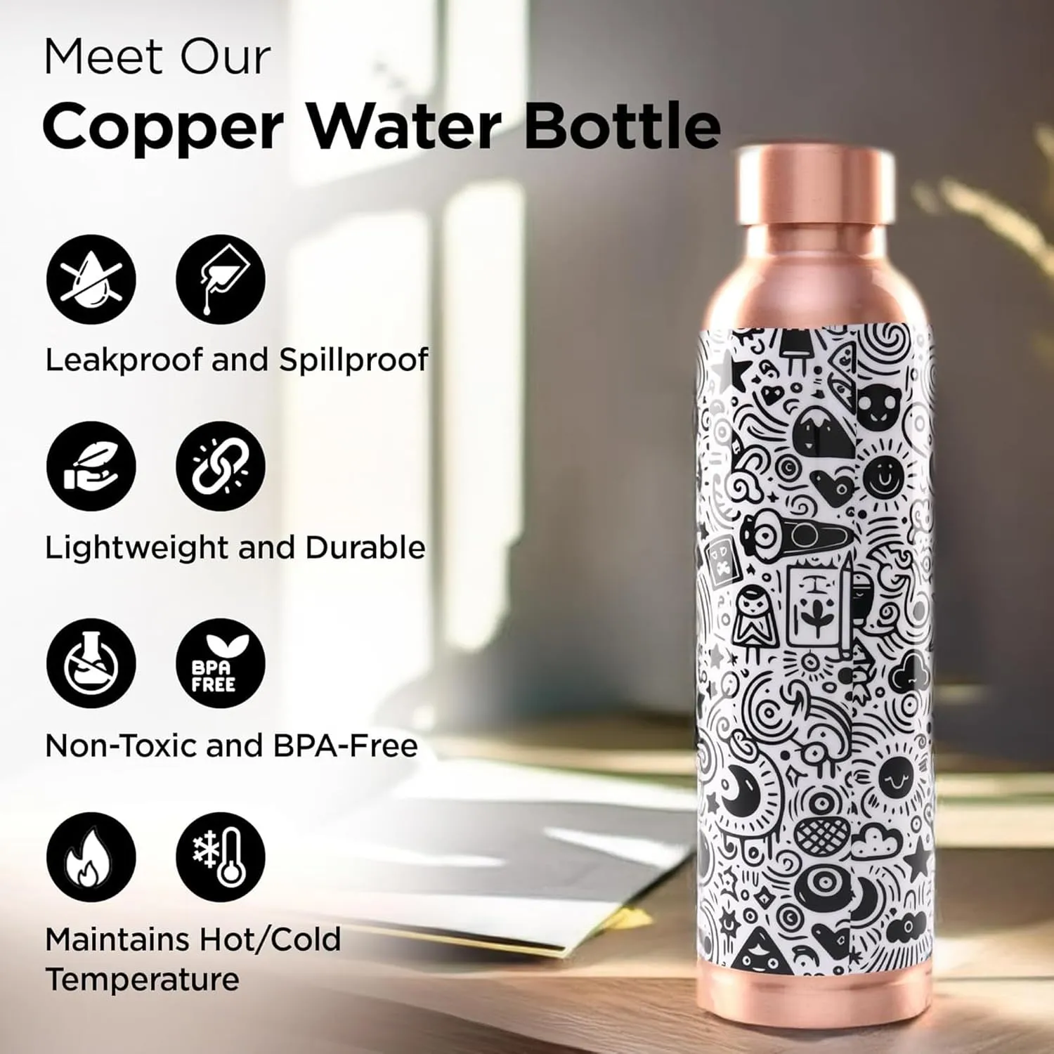 Kuber Industries Pack of 6 Copper Water Bottle - Eco-Friendly & Leakproof Tamaba Bottle for Office/Gym/Yoga/College, Men & Women | 950ml | Lining Design