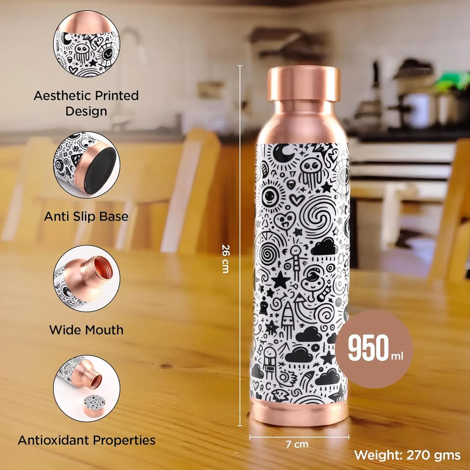 Kuber Industries Pack of 6 Copper Water Bottle - Eco-Friendly & Leakproof Tamaba Bottle for Office/Gym/Yoga/College, Men & Women | 950ml | Lining Design