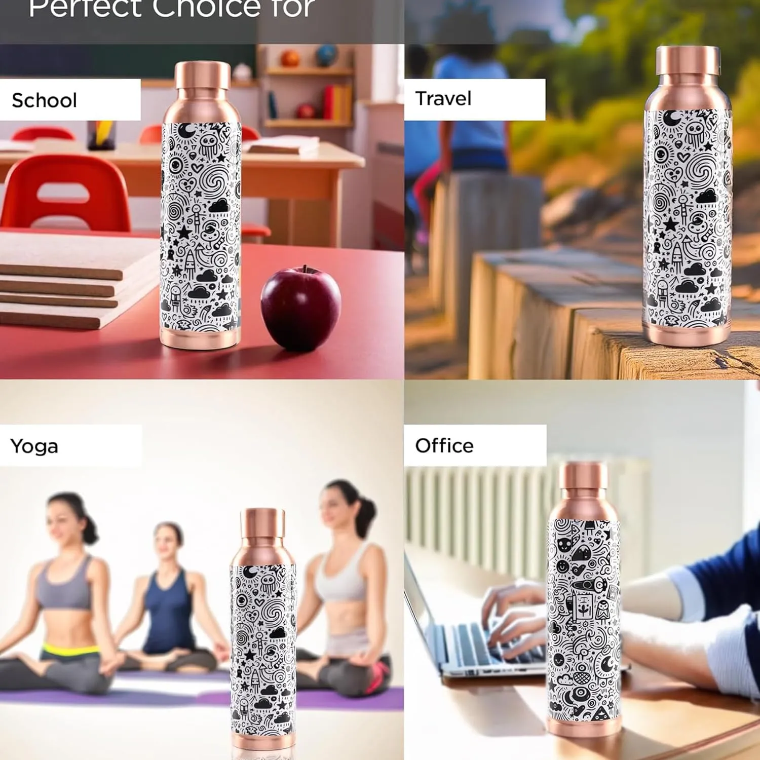 Kuber Industries Pack of 6 Copper Water Bottle - Eco-Friendly & Leakproof Tamaba Bottle for Office/Gym/Yoga/College, Men & Women | 950ml | Lining Design