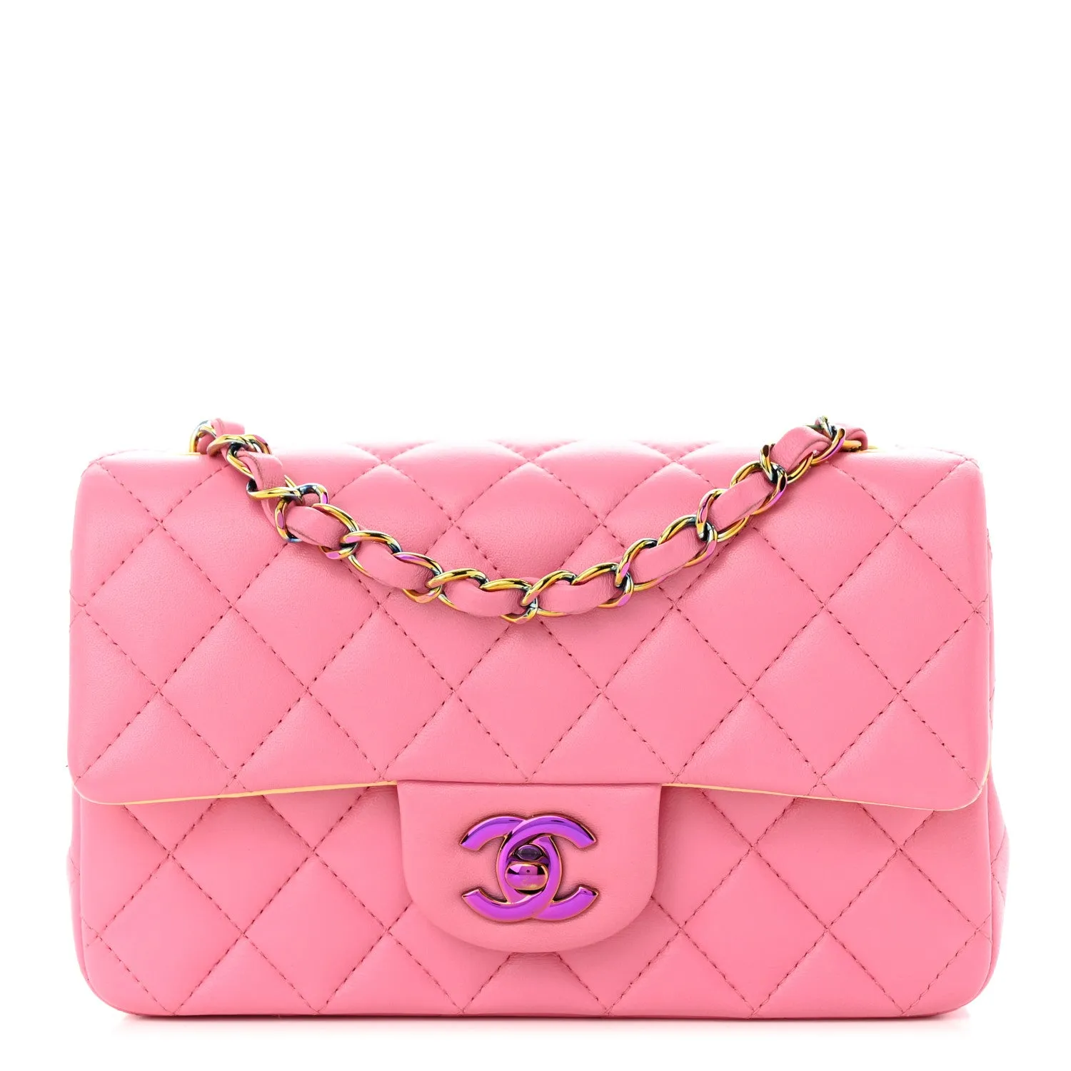 Lambskin Quilted Mini Rectangular Flap Pink Yellow