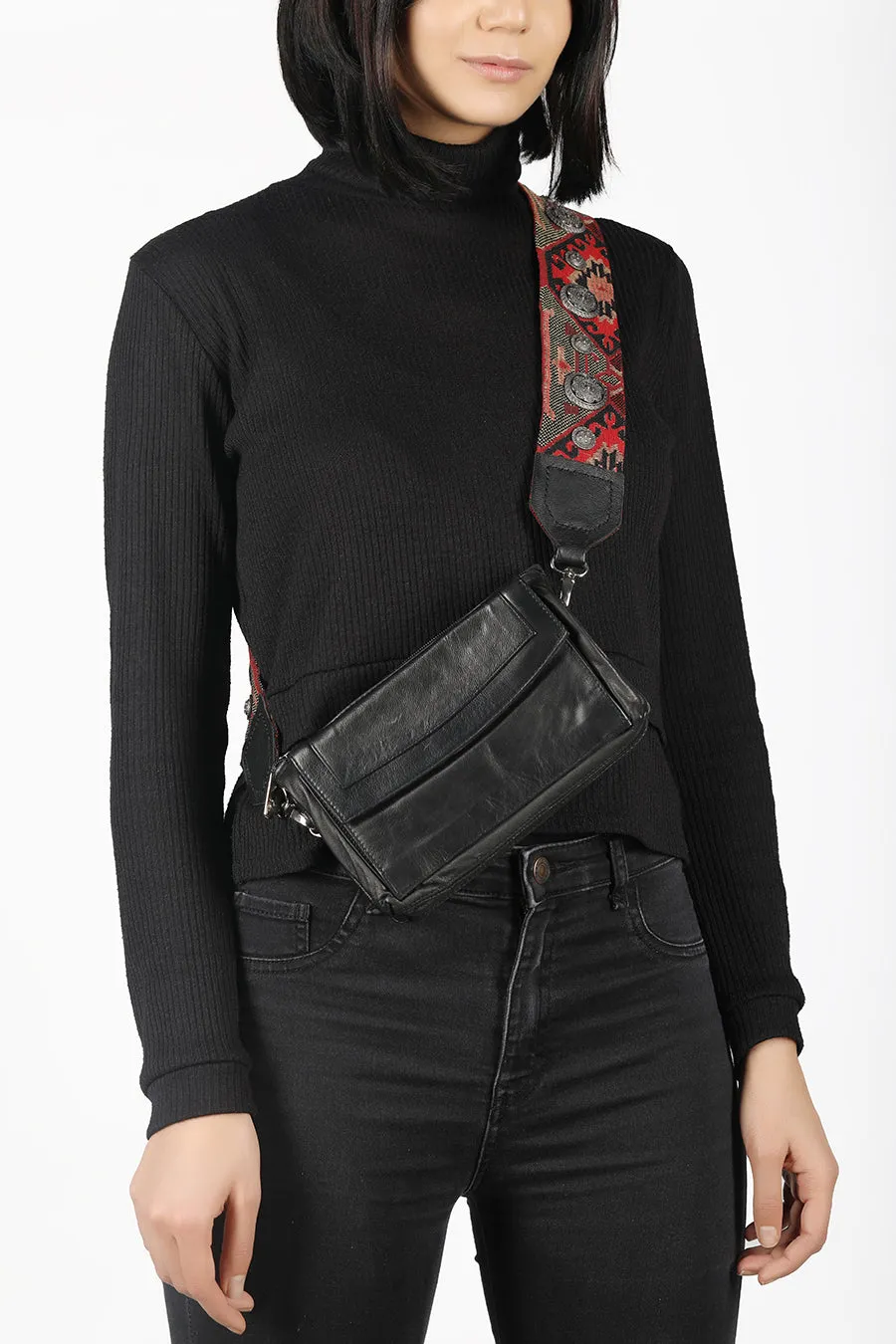 Leather Shoulder Bag with Embroidered Studded Strap