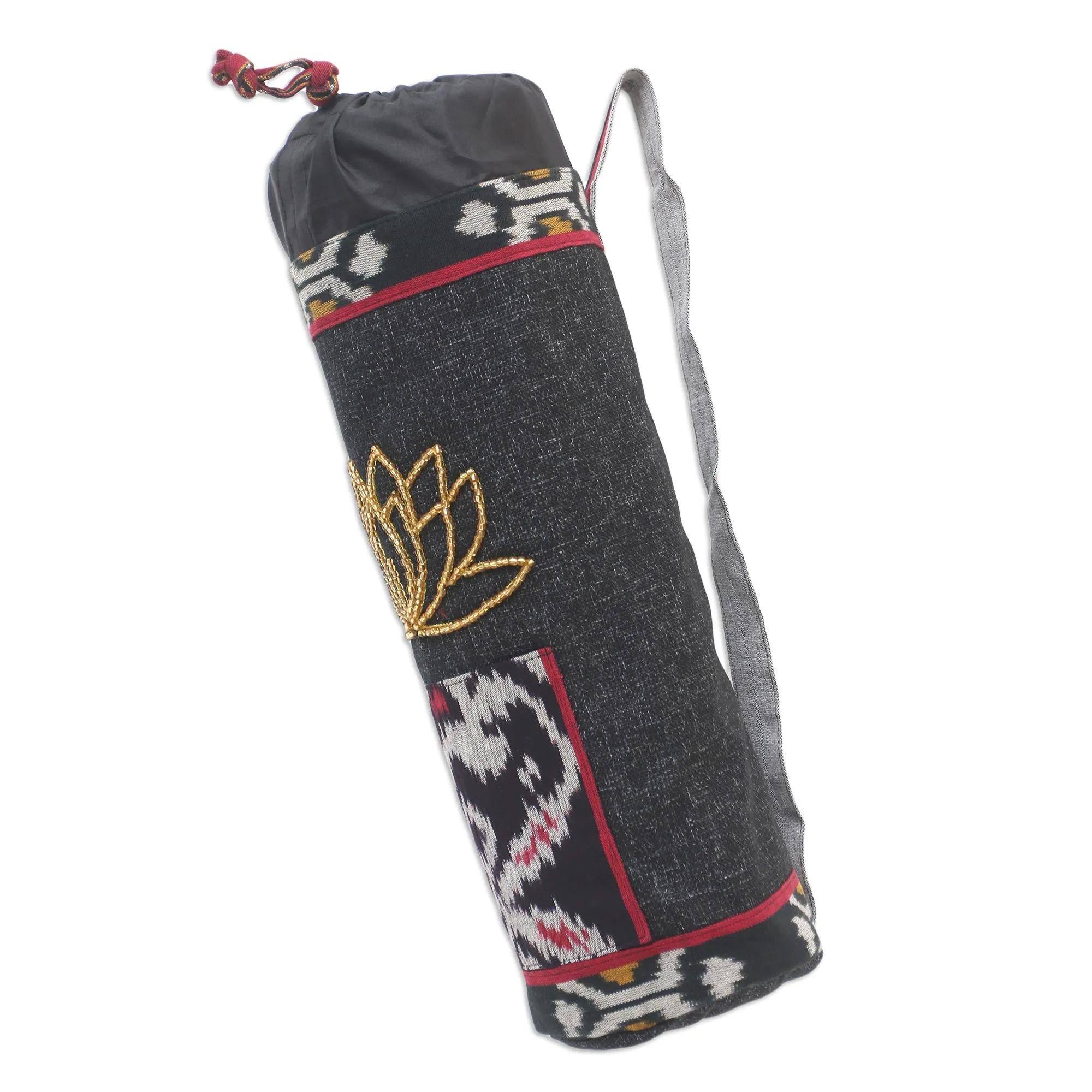 Lotus Lagoon in Black Ikat Cotton Yoga Mat Bag with Glass Bead Motif