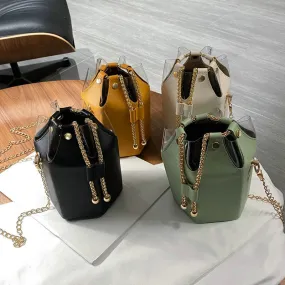 Mini drawstring women's bucket bag with chain