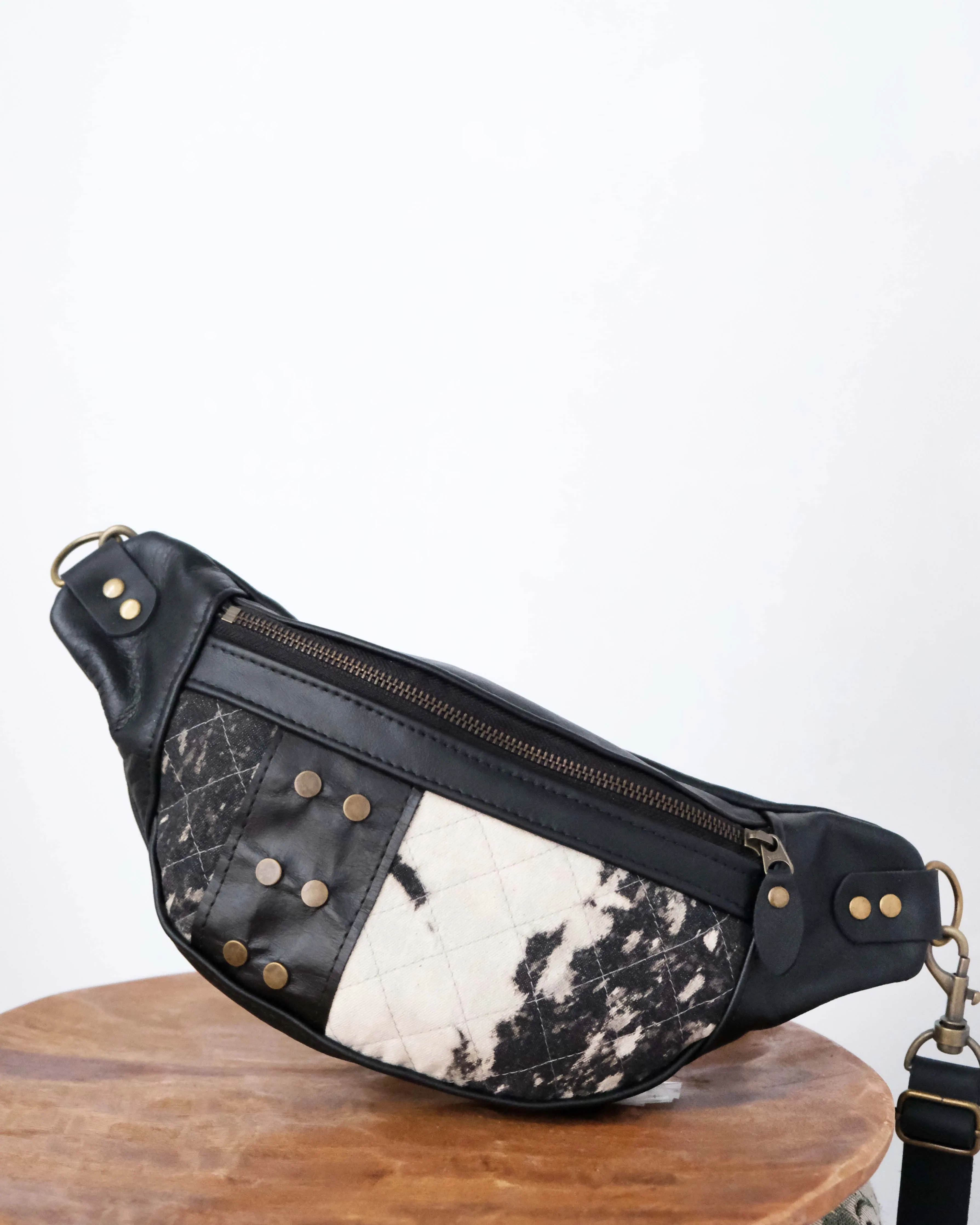 Mini Tabitha: Black Leather, Brass & Bleached Denim I