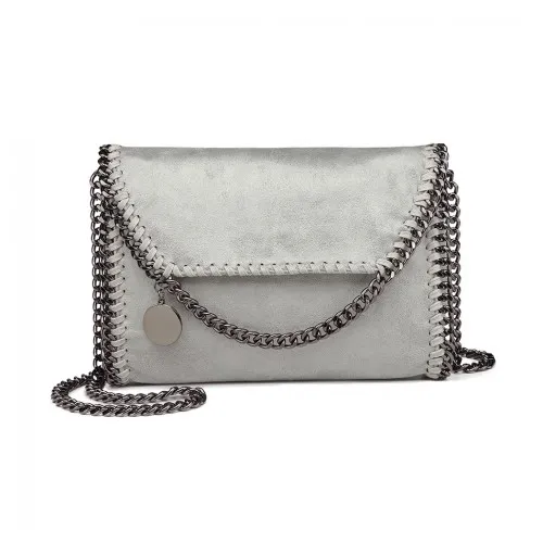 Miss Lulu Leather Look Chain Fold-over Shoulder Bag - Grey | Stylish & Edgy Handbag