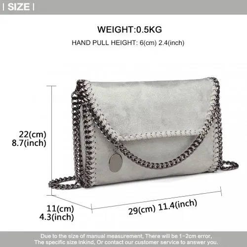 Miss Lulu Leather Look Chain Fold-over Shoulder Bag - Grey | Stylish & Edgy Handbag