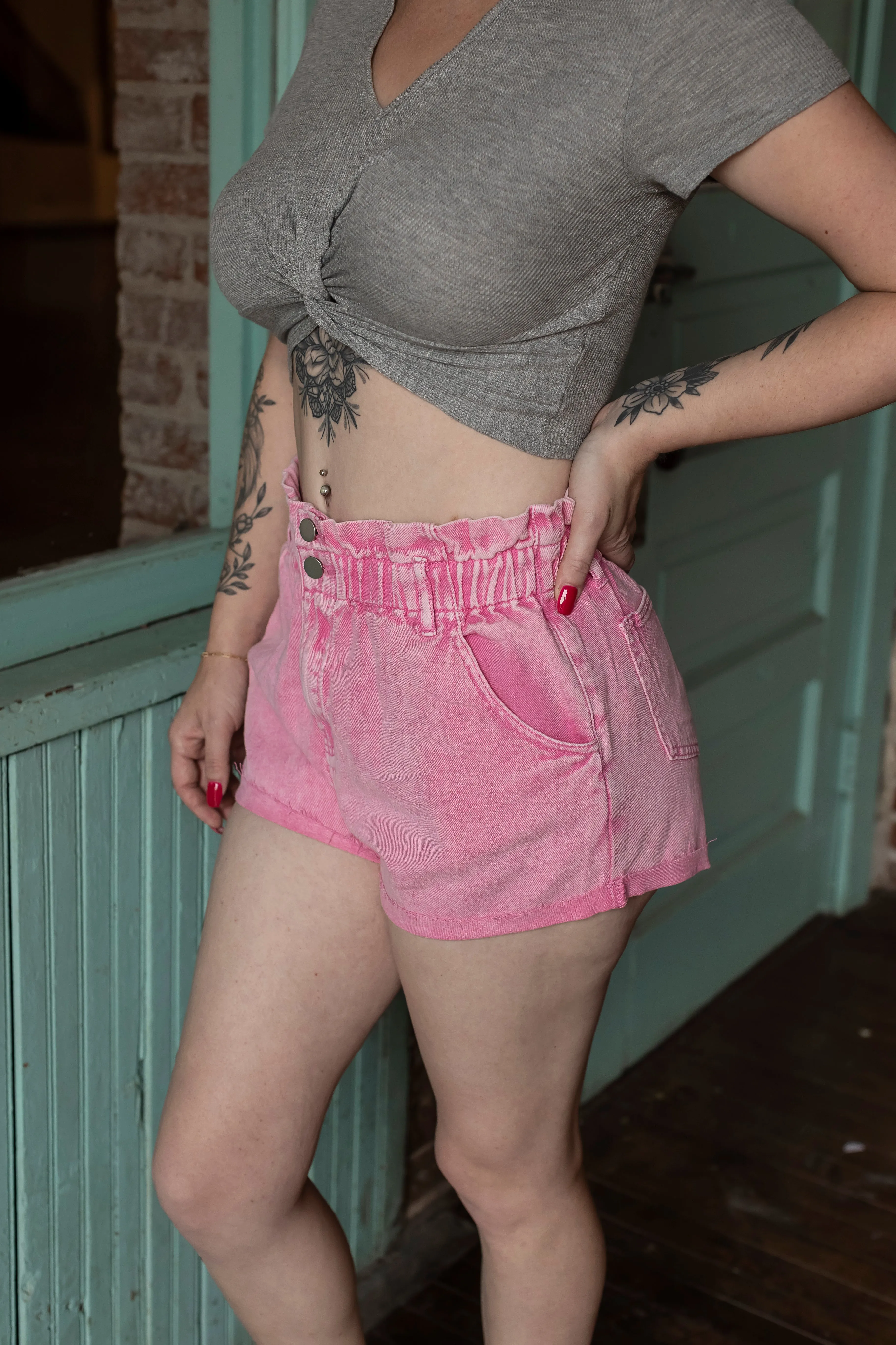 Paper Bag Waist Denim Shorts