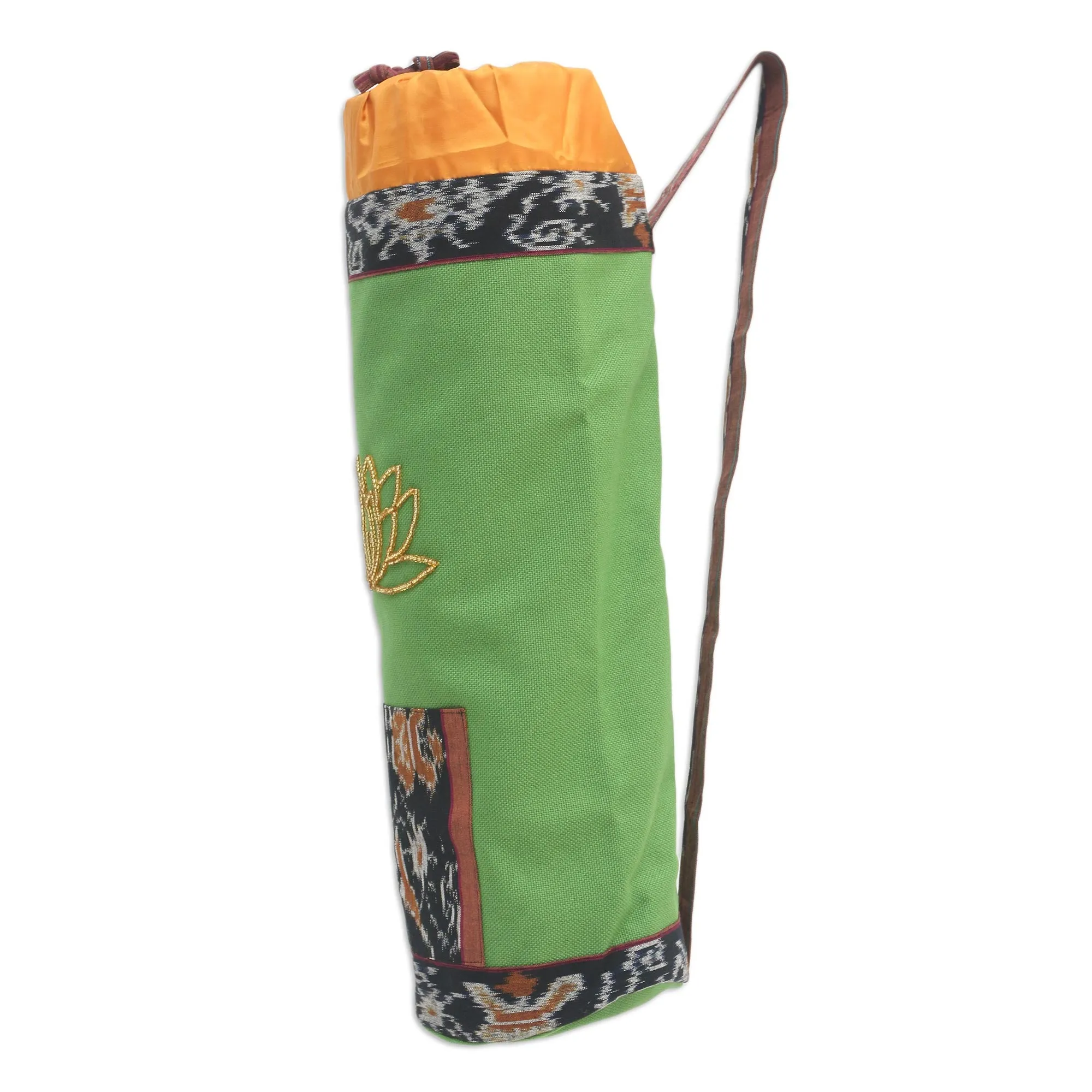 Petite Golden Lotus Drawstring Ikat Cotton Yoga Mat Bag