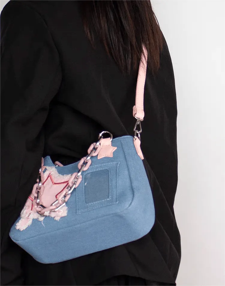 Pink Star Acrylic Chain Denim Crossbody Bag