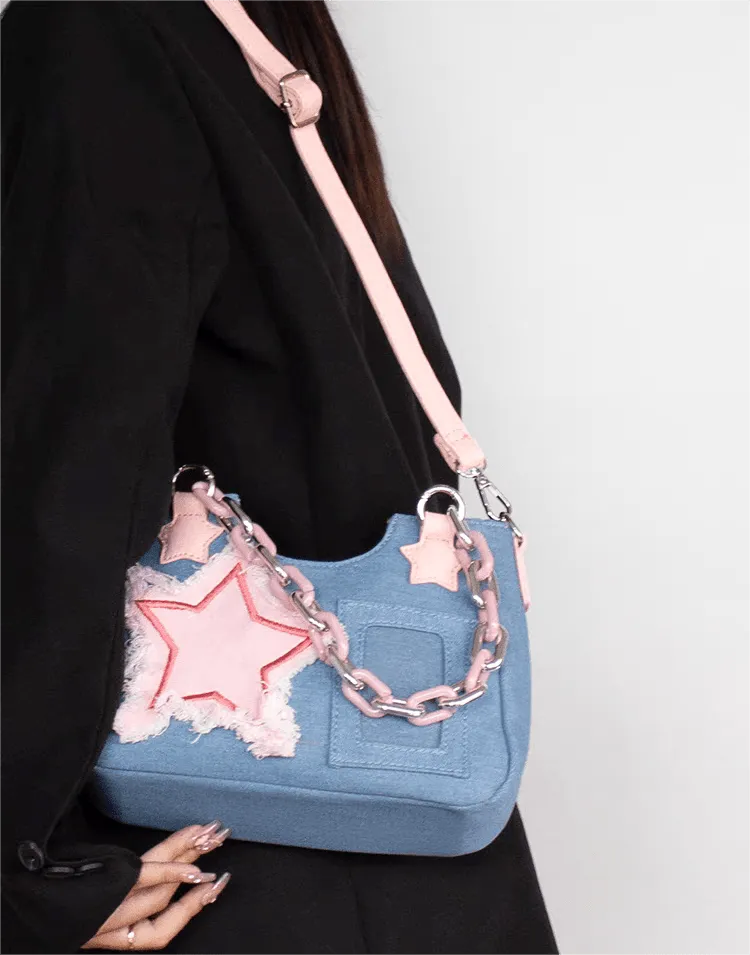 Pink Star Acrylic Chain Denim Crossbody Bag