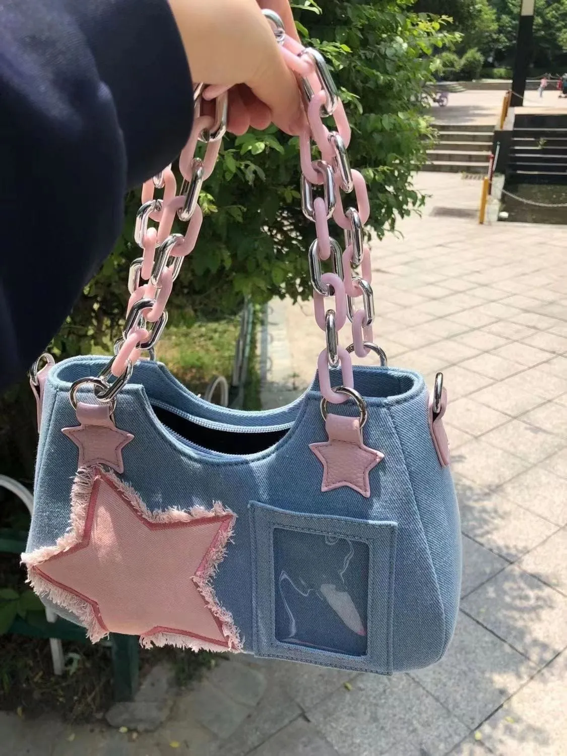 Pink Star Acrylic Chain Denim Crossbody Bag