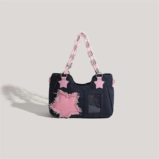 Pink Star Acrylic Chain Denim Crossbody Bag