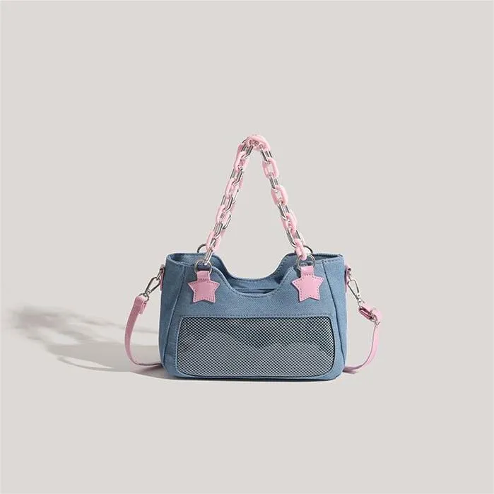 Pink Star Acrylic Chain Denim Crossbody Bag