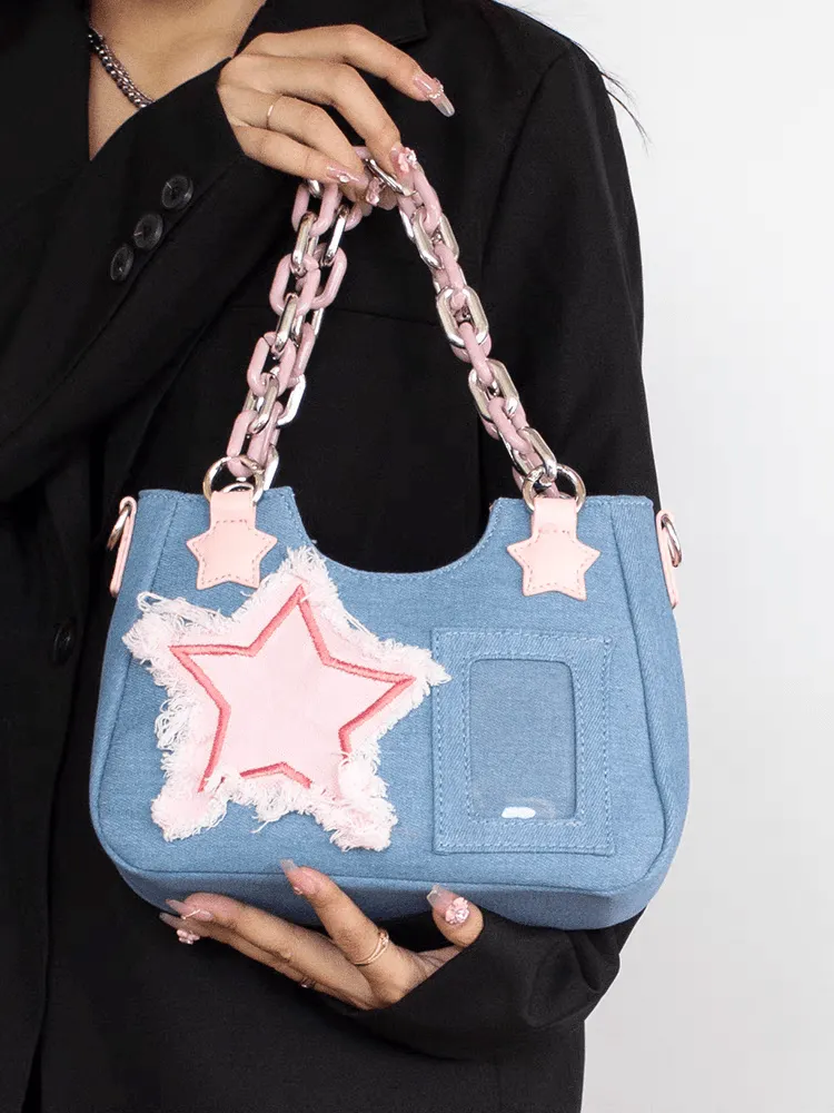 Pink Star Acrylic Chain Denim Crossbody Bag