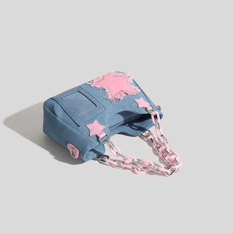 Pink Star Acrylic Chain Denim Crossbody Bag