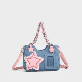 Pink Star Acrylic Chain Denim Crossbody Bag