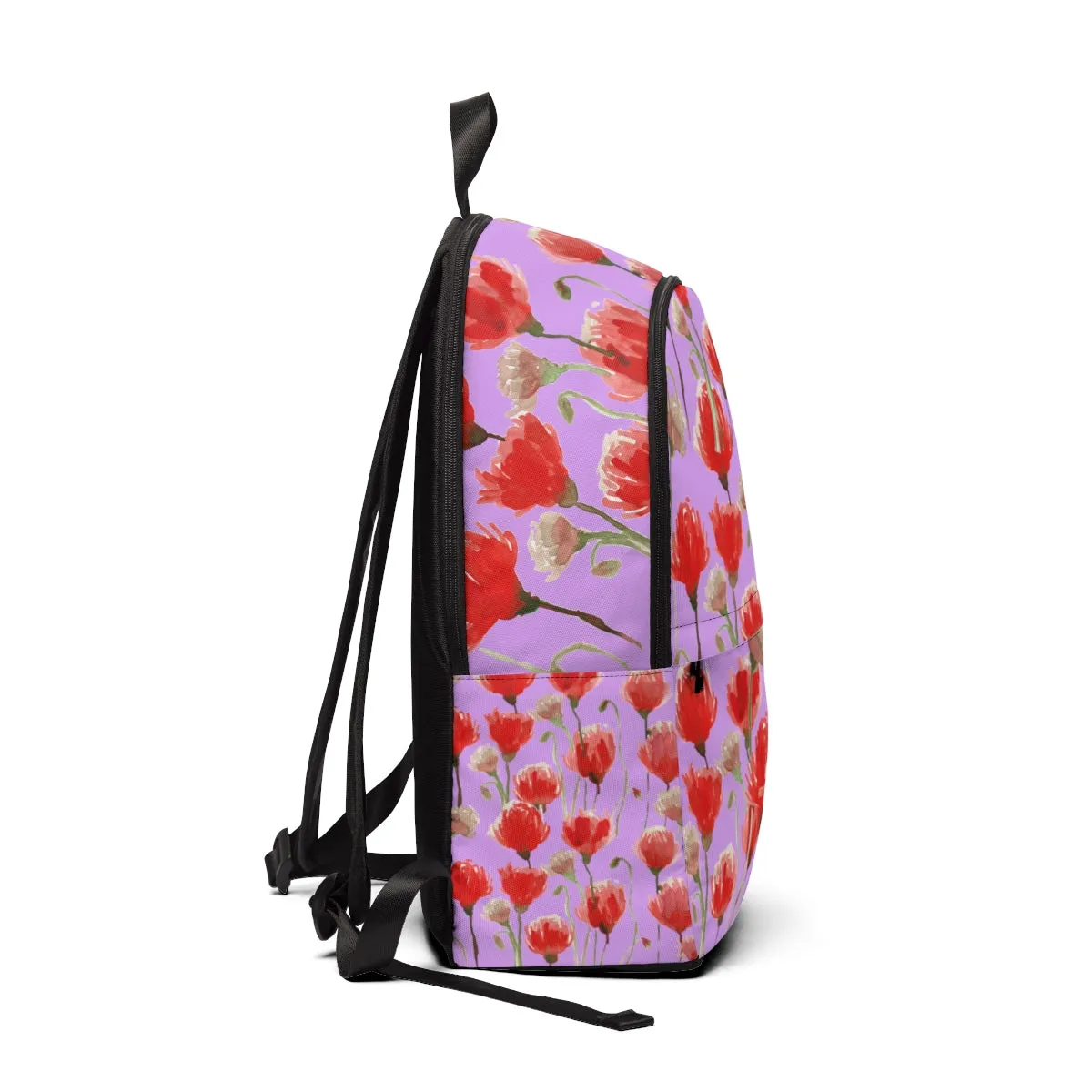 Purple & Red Poppy Backpack, Flower Floral Print Designer Unisex Fabric Backpack School Bag With Laptop Slot