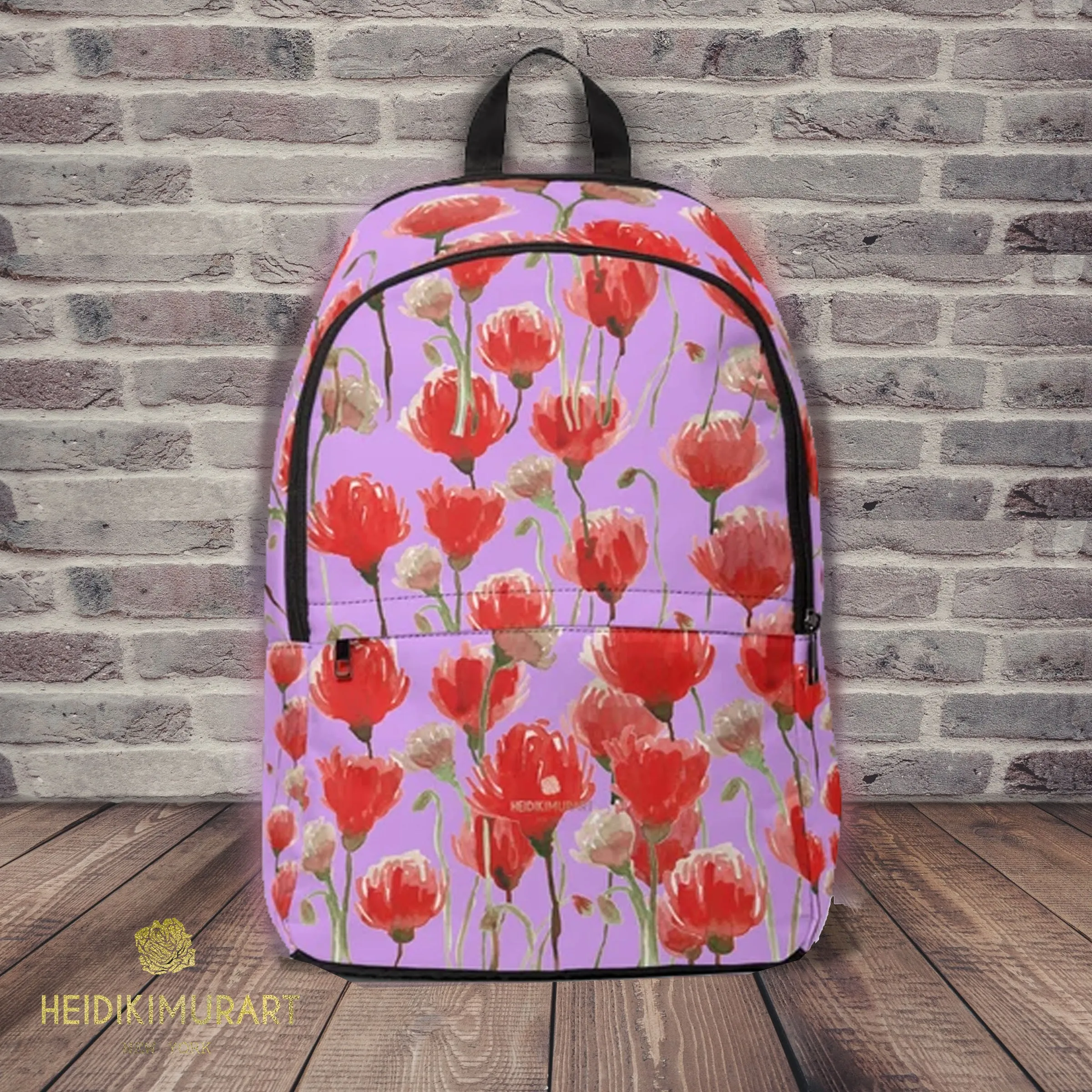 Purple & Red Poppy Backpack, Flower Floral Print Designer Unisex Fabric Backpack School Bag With Laptop Slot