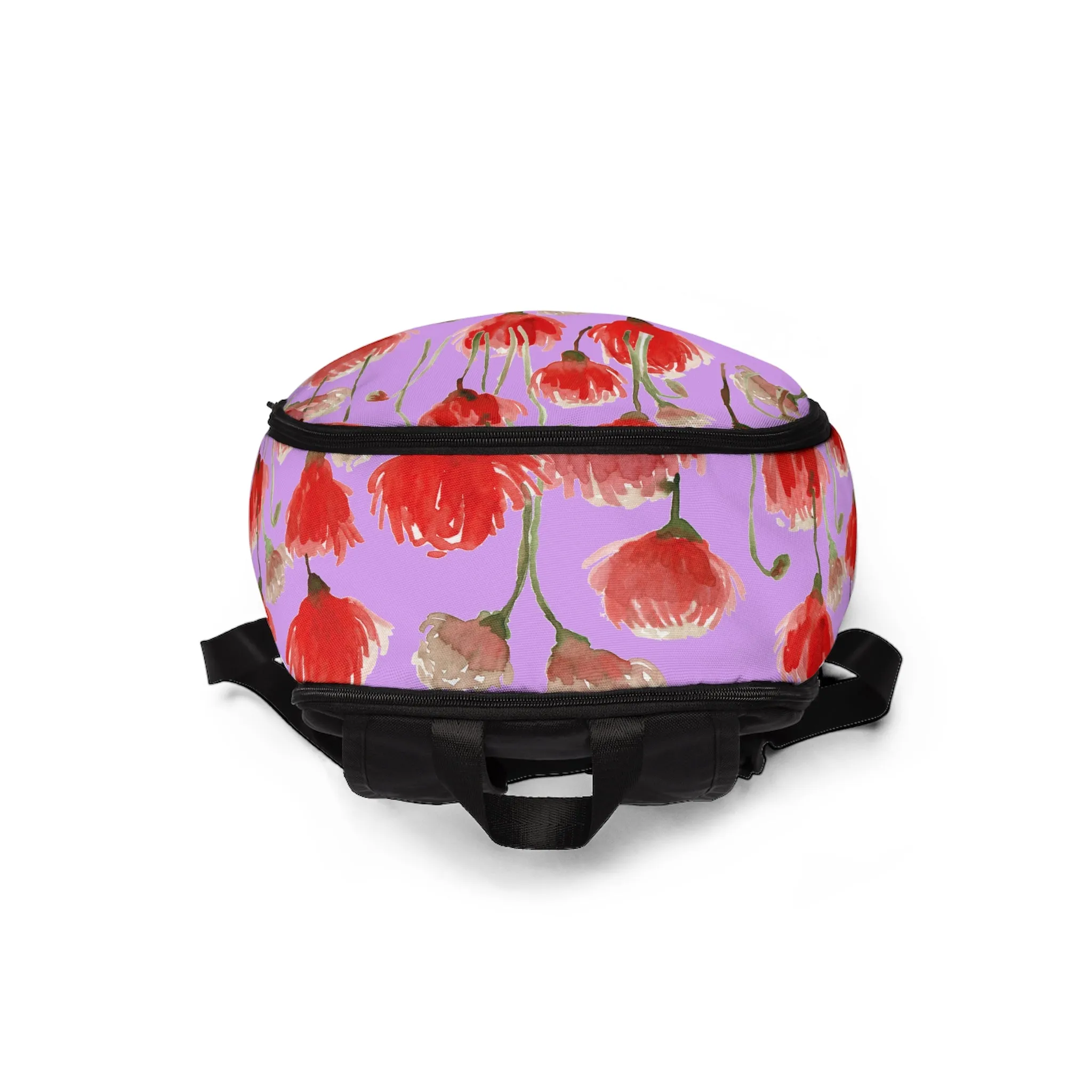 Purple & Red Poppy Backpack, Flower Floral Print Designer Unisex Fabric Backpack School Bag With Laptop Slot