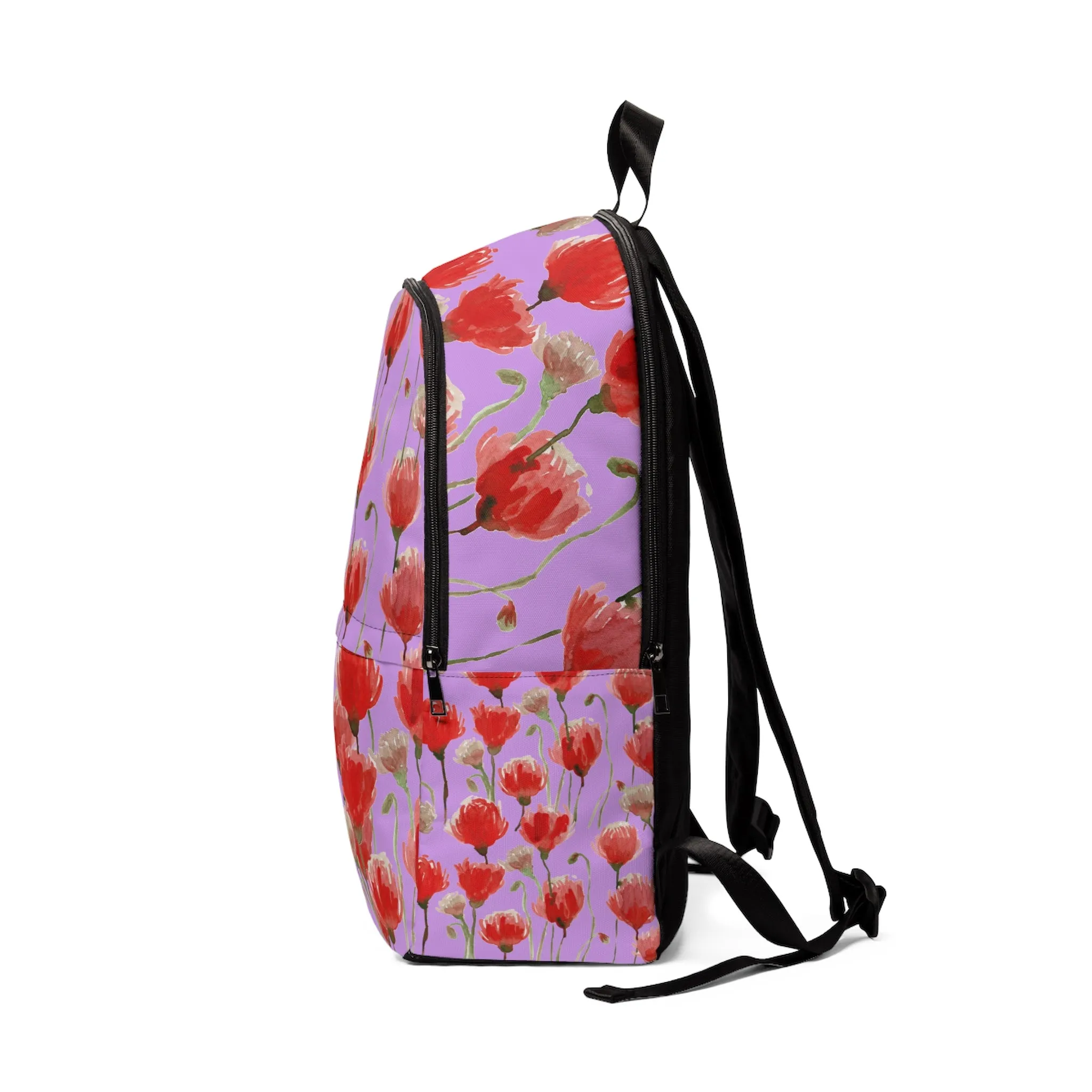 Purple & Red Poppy Backpack, Flower Floral Print Designer Unisex Fabric Backpack School Bag With Laptop Slot