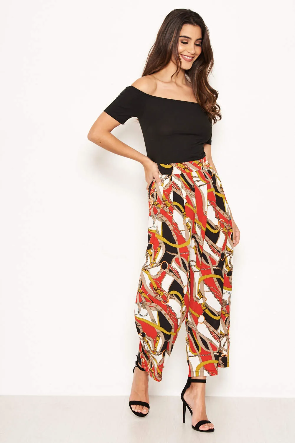 Red Chain Print Bardot Jumpsuit