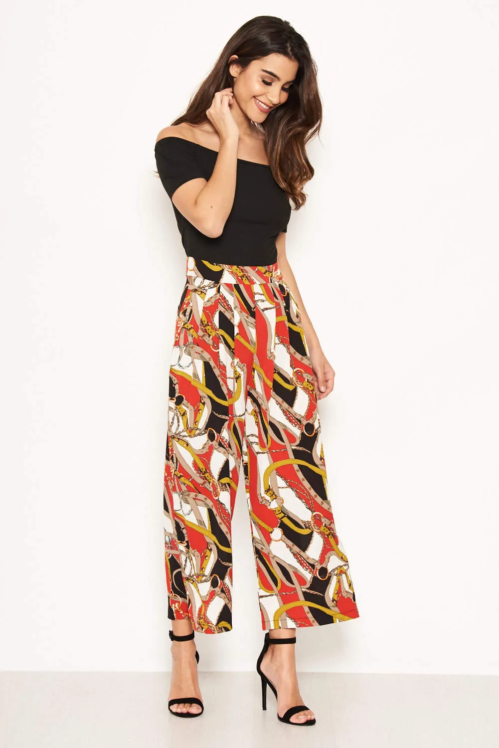 Red Chain Print Bardot Jumpsuit