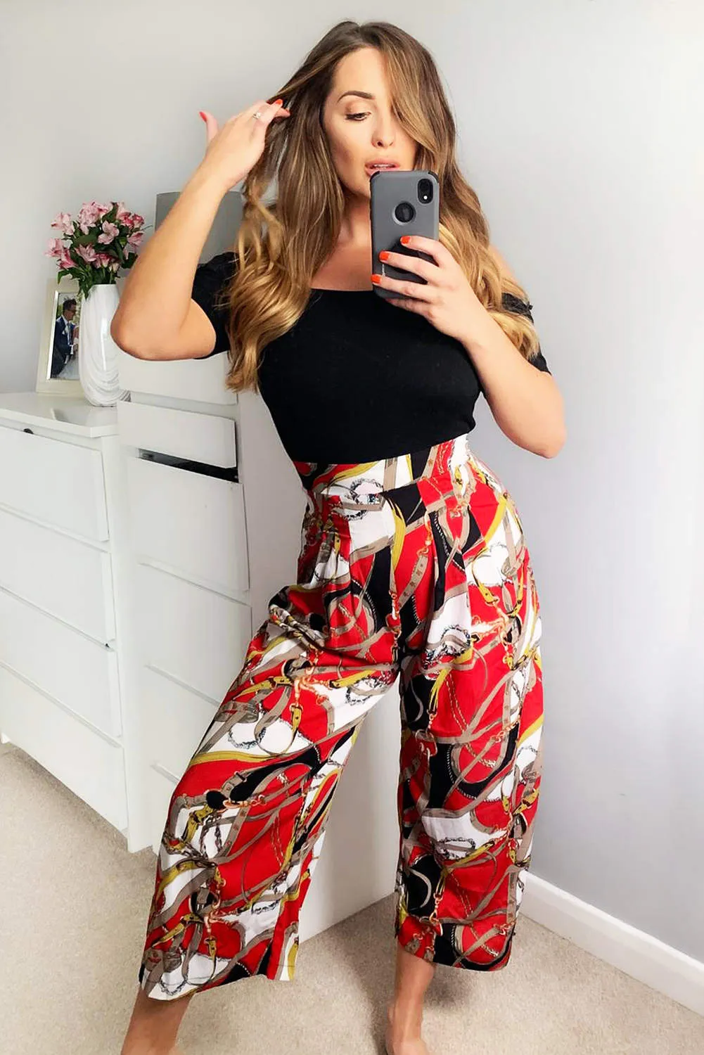 Red Chain Print Bardot Jumpsuit