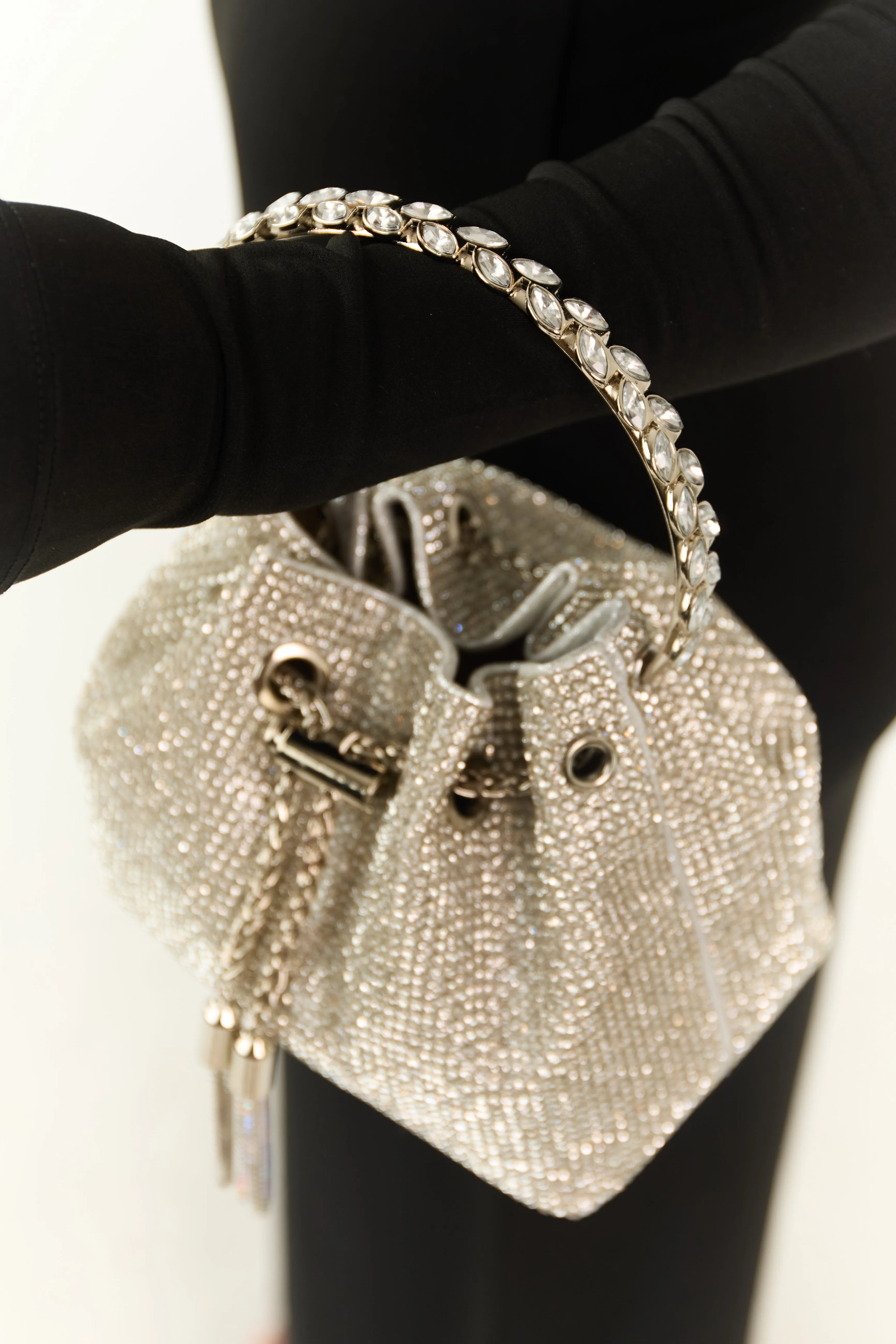 Silver Rhinestone Ring Handle Drawstring Bag