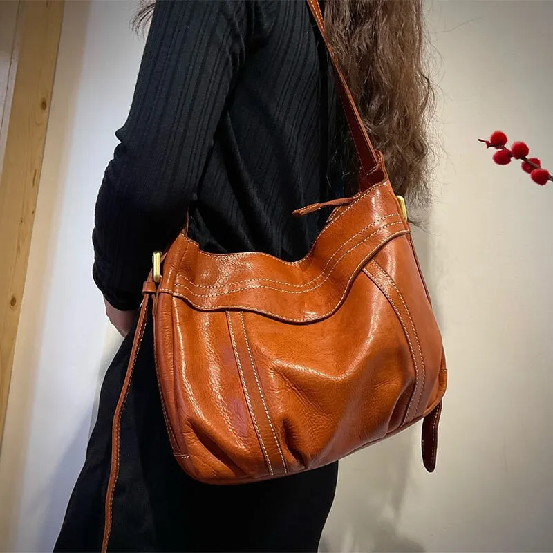 Slouchy Design Vegetable Tanned Leather Shoulder Bag Women's Crossbody Bag