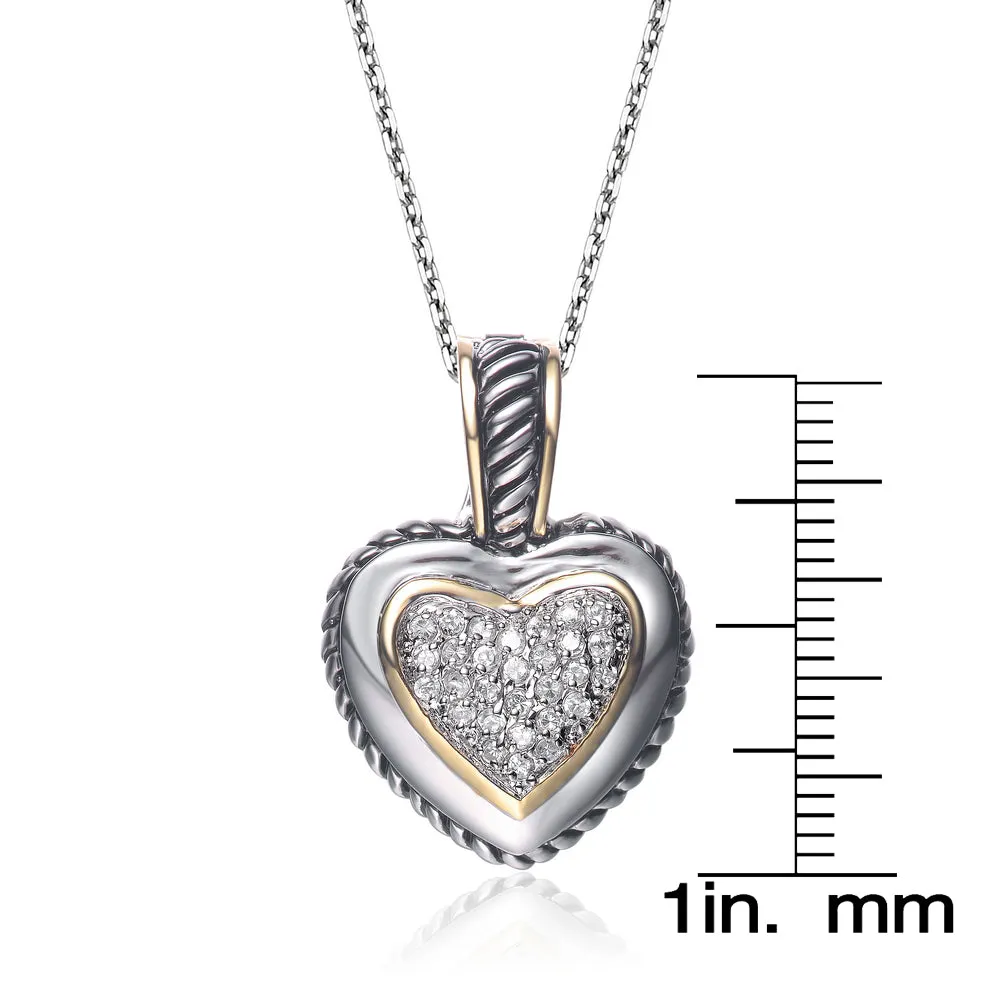 Sterling Silver Two Tone with Clear Cubic Zirconia Pave Heart Necklace