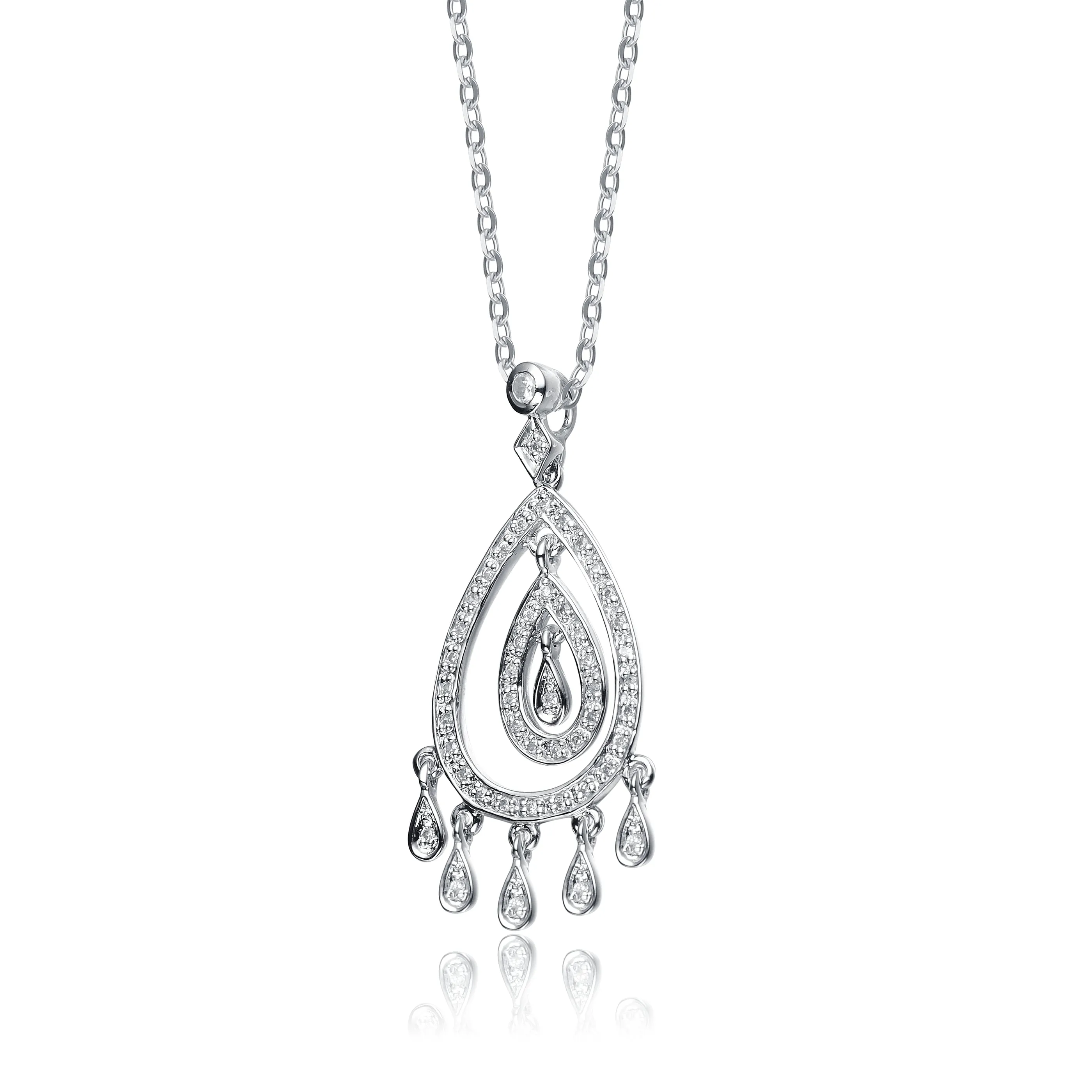 Sterling Silver White Gold Plated with Clear Cubic Zirconia Droplet Pendant Necklace