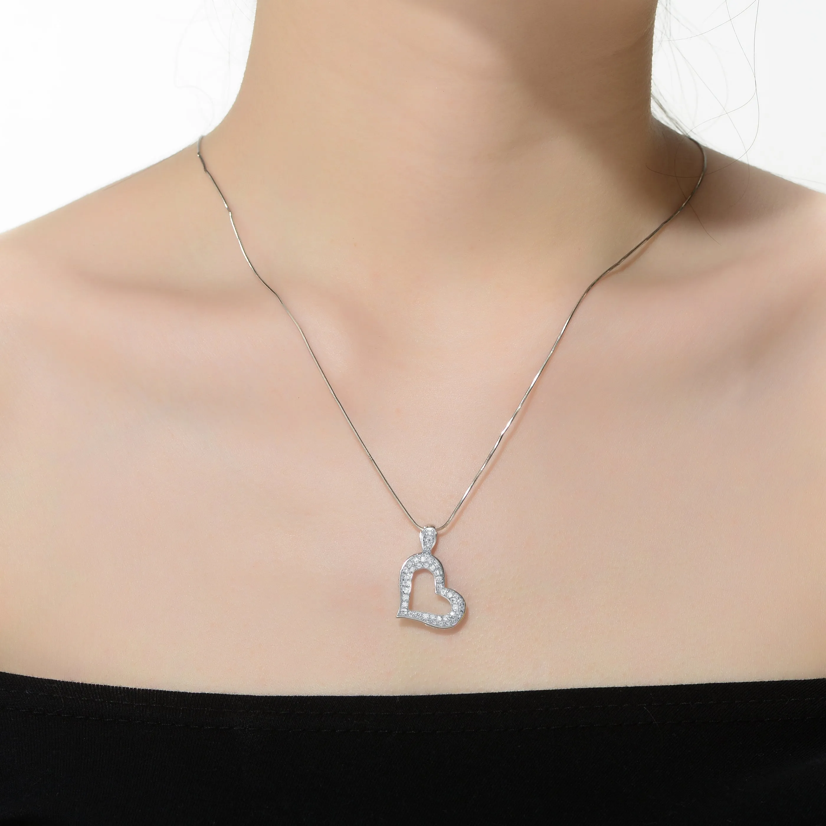 Sterling Silver White Gold Plating with Clear Cubic Zirconia Paved on Heart Framed Pendant Necklace